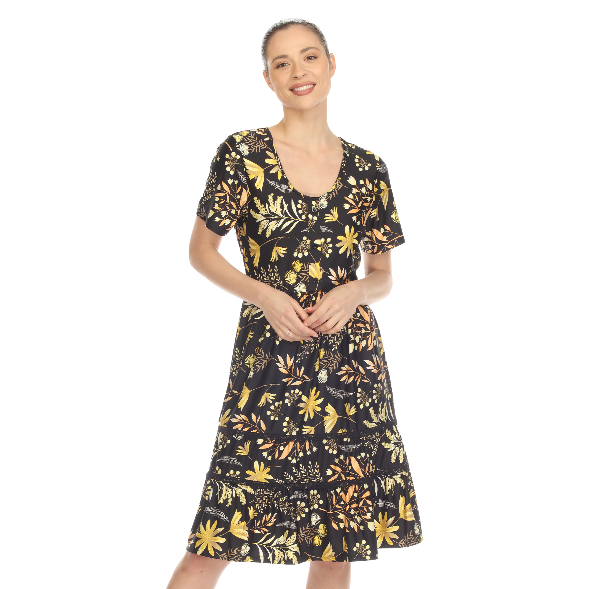 White Mark Women's Floral Short Sleeve Knee Length Tiered Dress - Black, Small