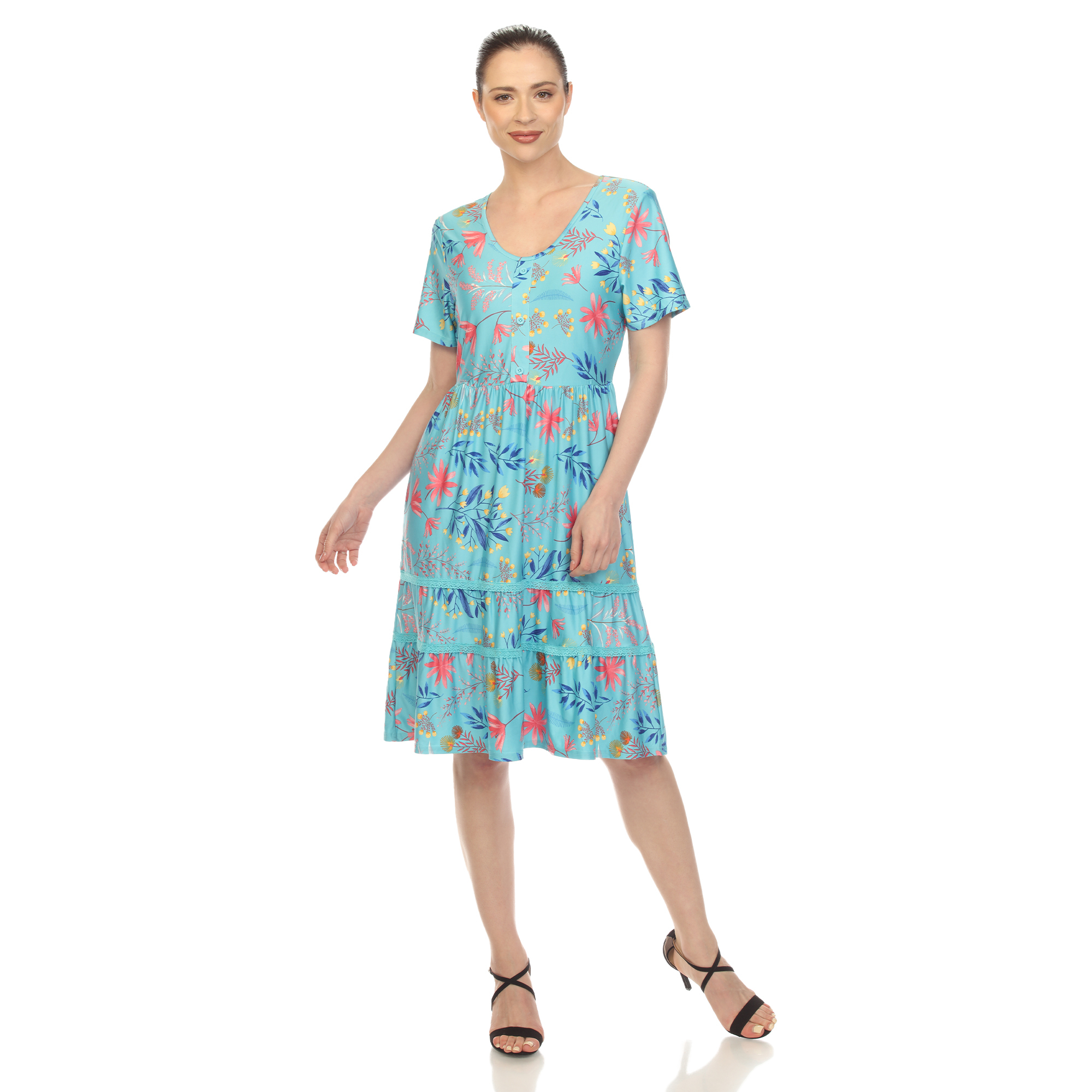 White Mark Women's Floral Short Sleeve Knee Length Tiered Dress - Blue, Small