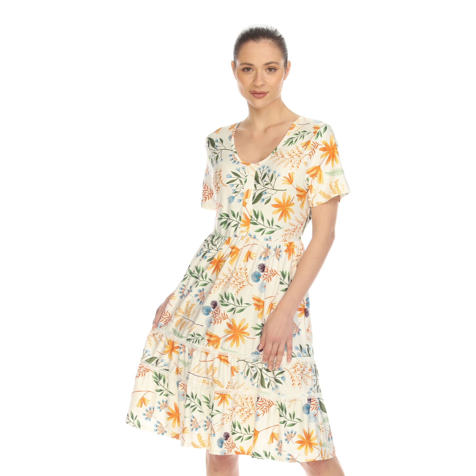 White Mark Women's Floral Short Sleeve Knee Length Tiered Dress - White, Small
