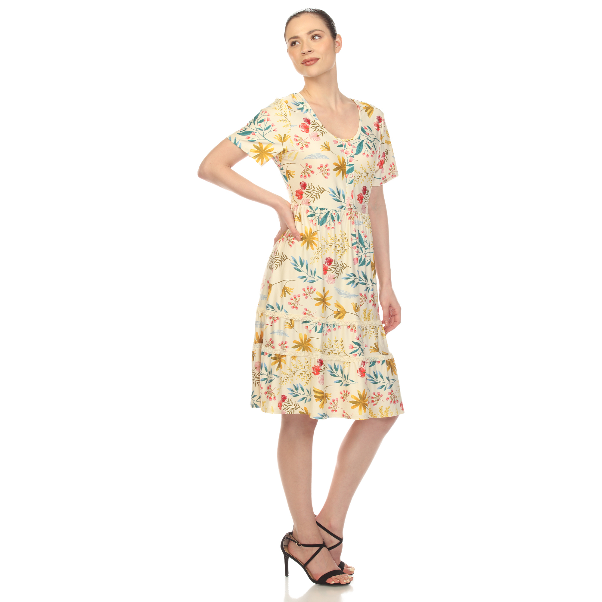 White Mark Women's Floral Short Sleeve Knee Length Tiered Dress - Beige, X-Large
