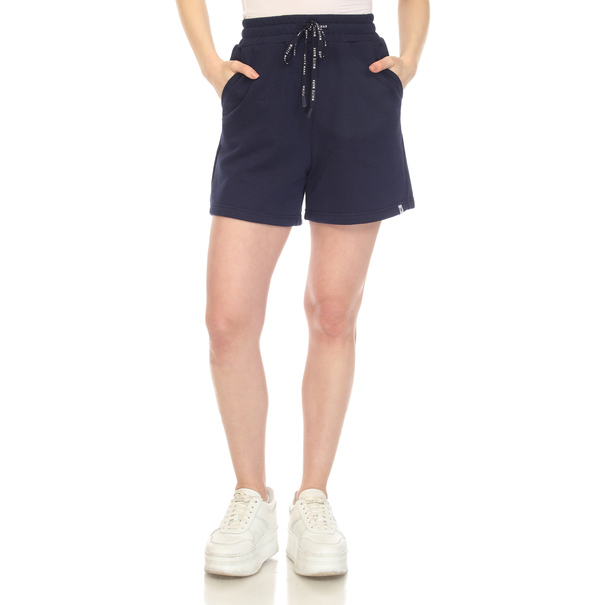 White Mark Women's Super Soft Drawstring Waistband Sweat Shorts - Navy, Large