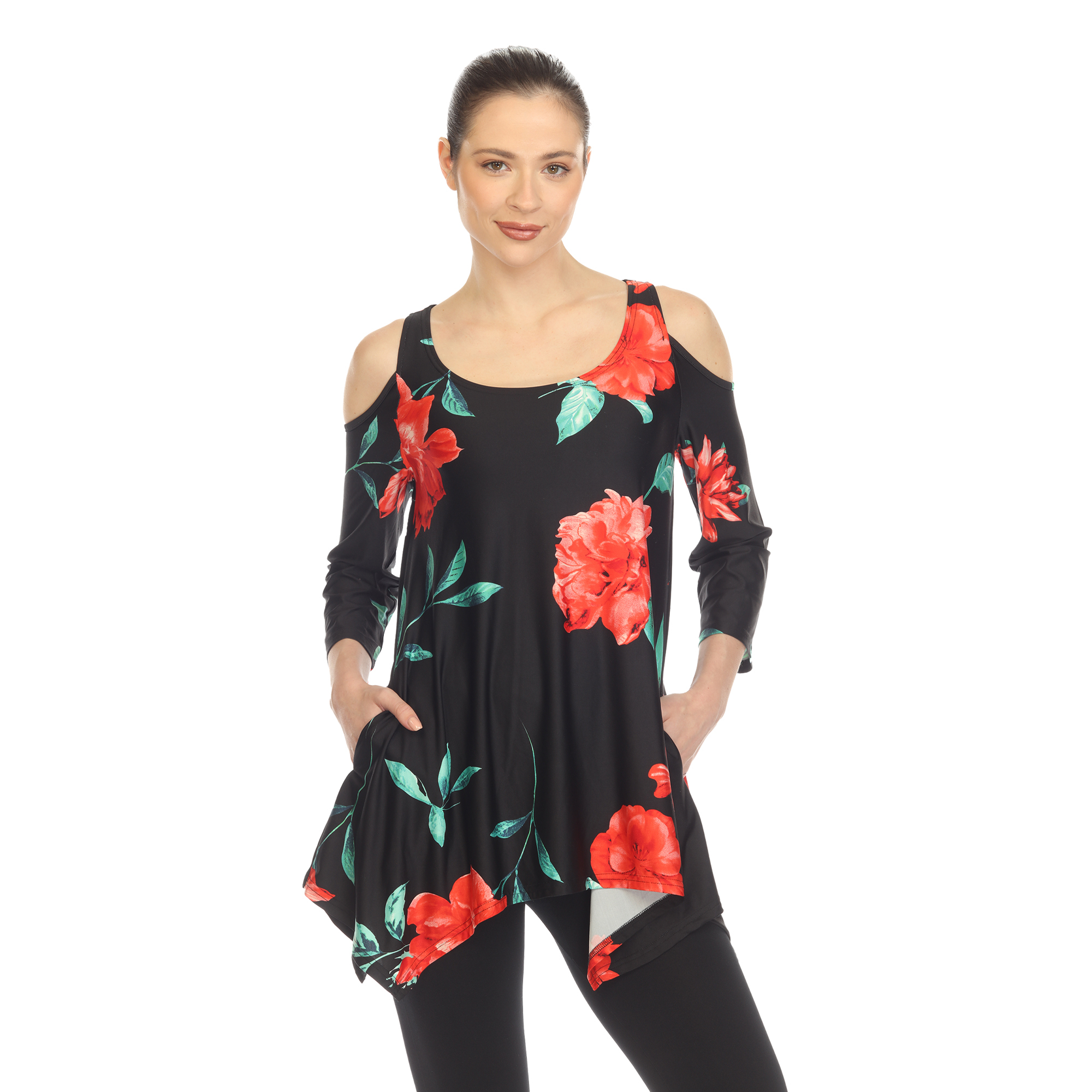 White Mark Women's Floral Print Quarter Sleeve Cold Shoulder Tunic Top With Pockets - Black/Red, Small
