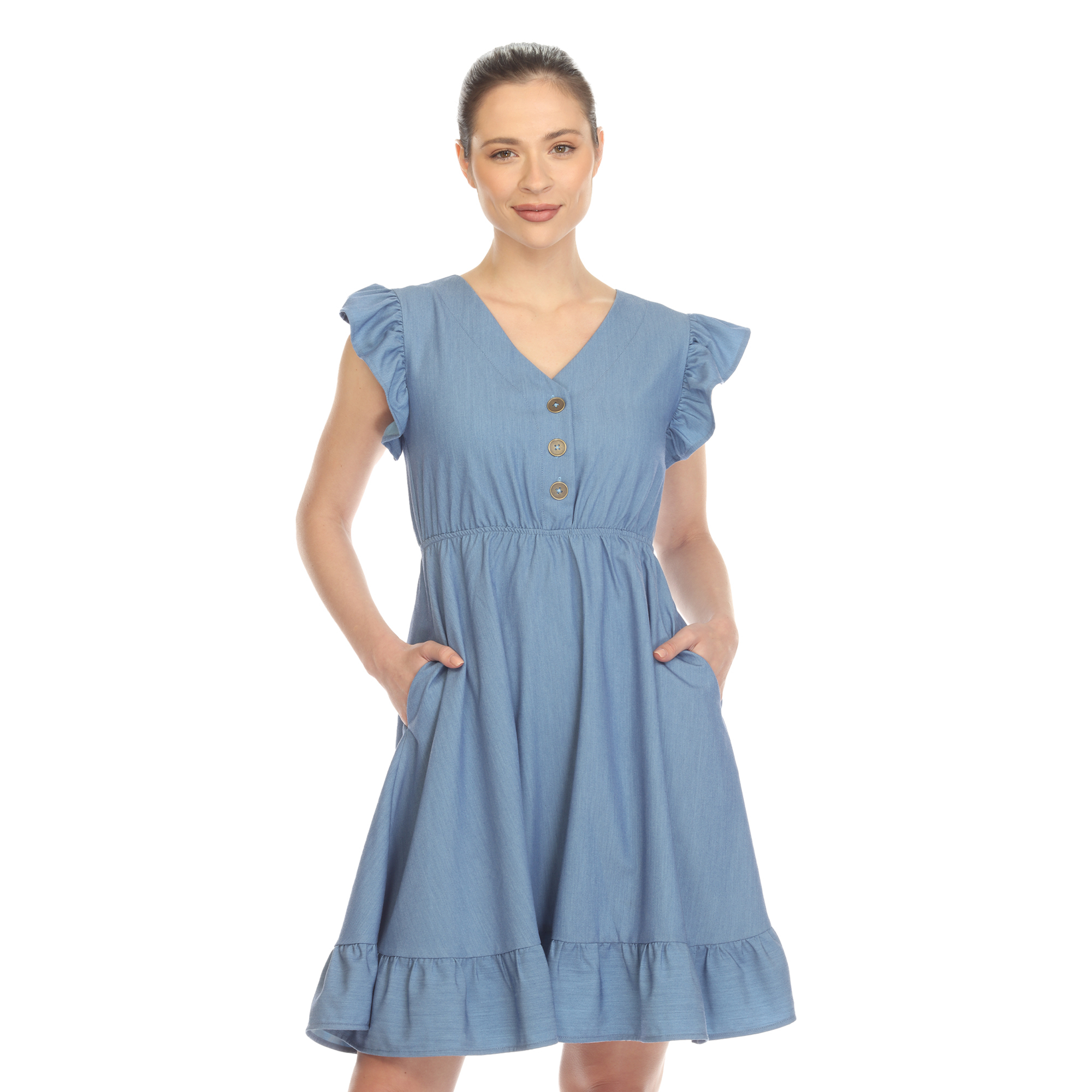 White Mark Women's Ruffle Sleeve Empire Waist V-Neck Babydoll Dress - Blue, Medium