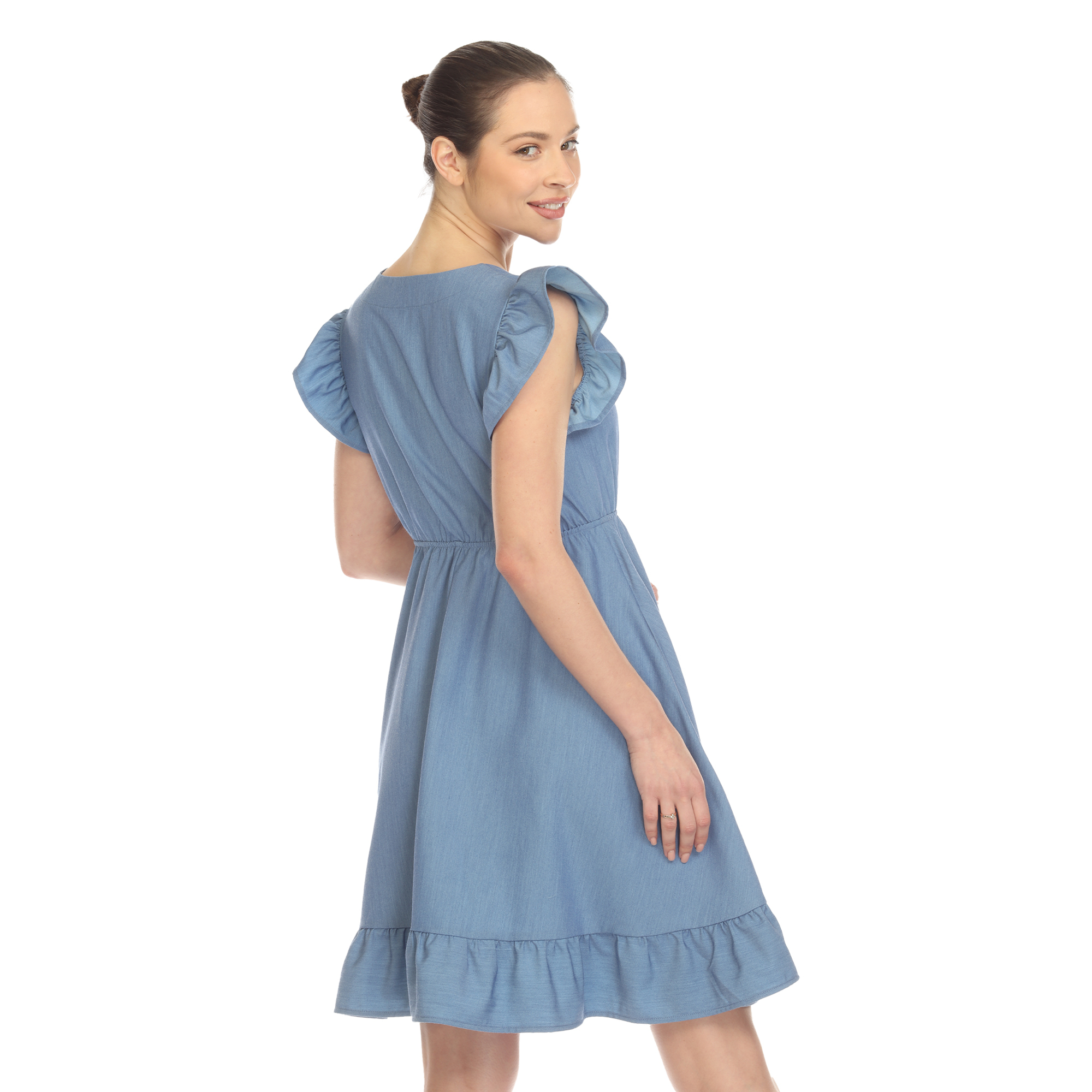 White Mark Women's Ruffle Sleeve Empire Waist V-Neck Babydoll Dress - Blue, 2X