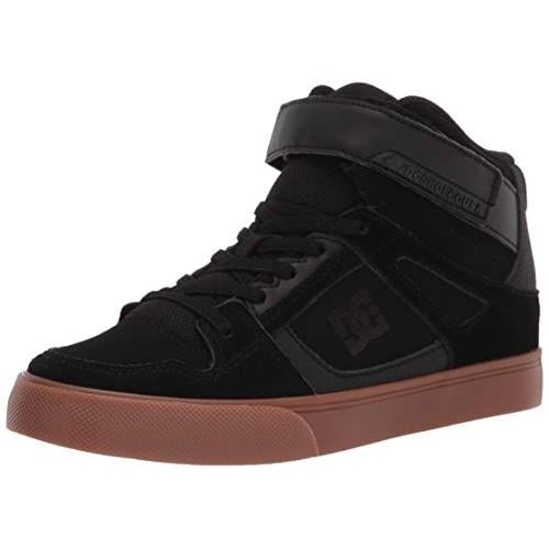 DC Kids' Pure High Top Ev Skate Shoes With Ankle Strap And Elastic Laces BLACK/GUM - BLACK/GUM, 12 Little Kid