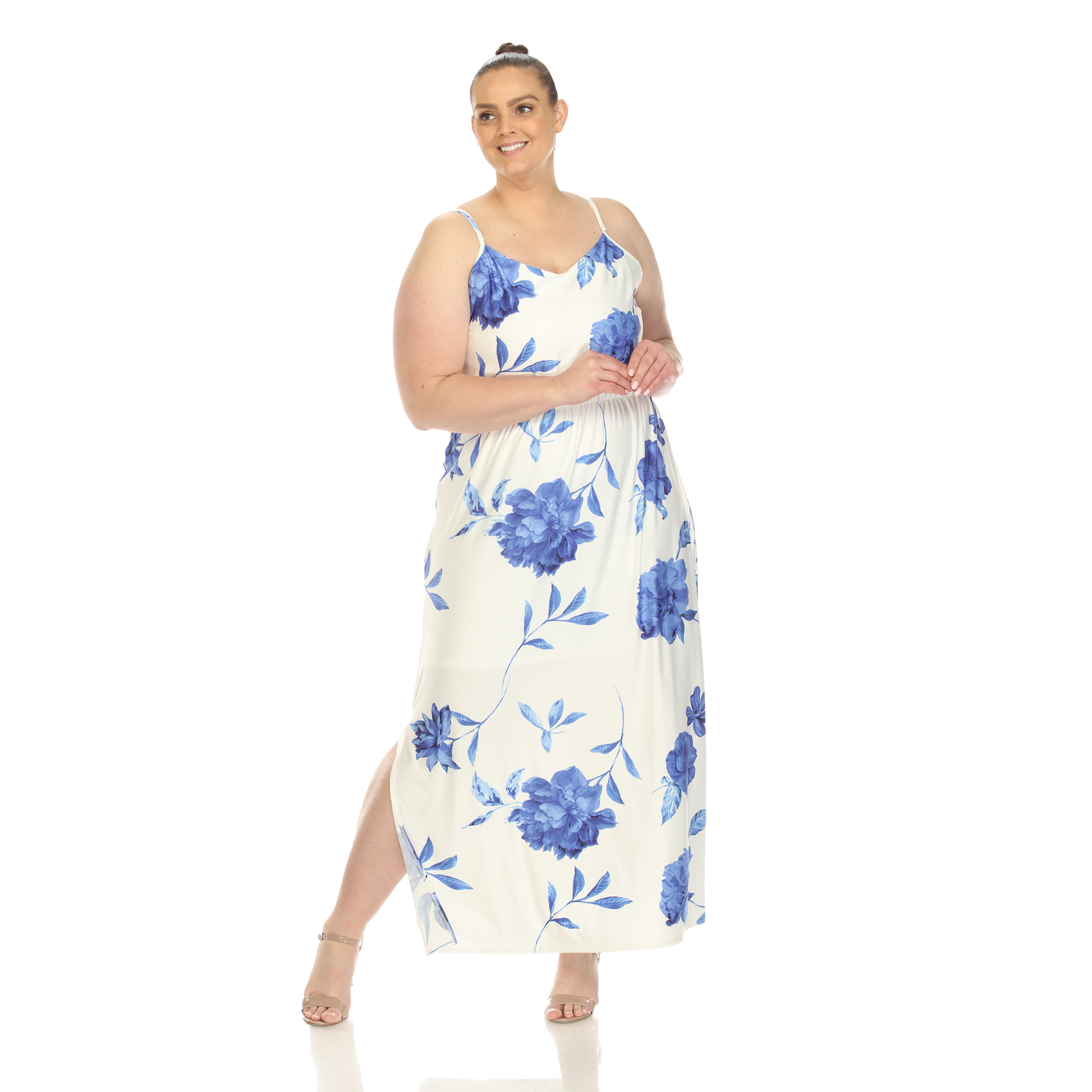 White Mark Women's Floral Print Spaghetti Strap Side Slit Maxi Dress - White/Blue, Large