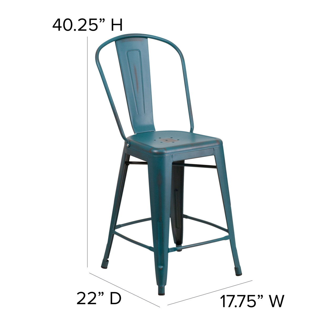 24 Inch Metal Counter Stool, Curved Open Back, Sleek Seat, Teal Blue