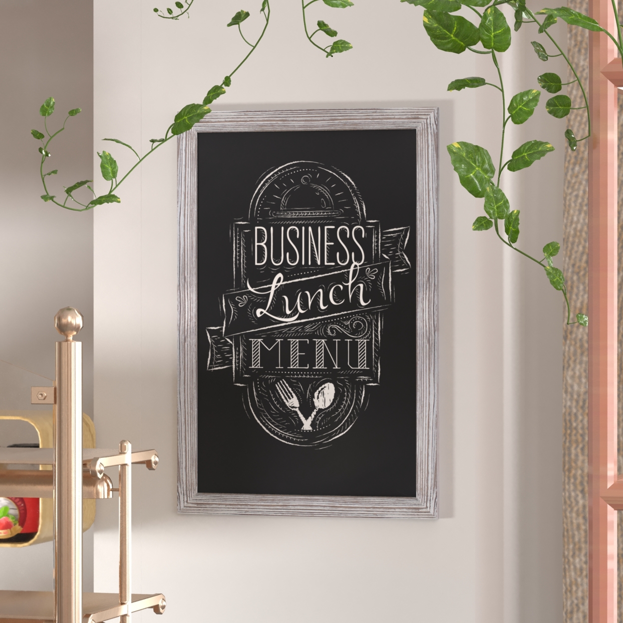 Wall Hanging Chalkboard, Washed White Wood Frame, Rough Hewn Texture
