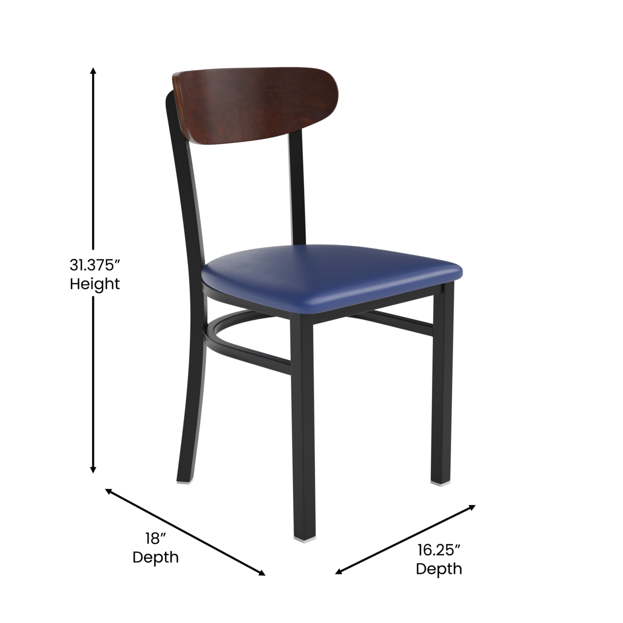 Dining Chair, Brown Wood Boomerang Back, Black Steel Frame, Blue Vinyl Seat
