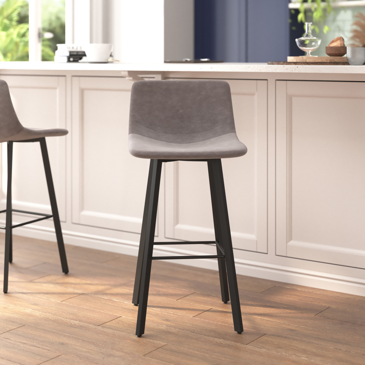 2 Piece 30 Inch Stool, Gray Leather, Metal Angled Legs