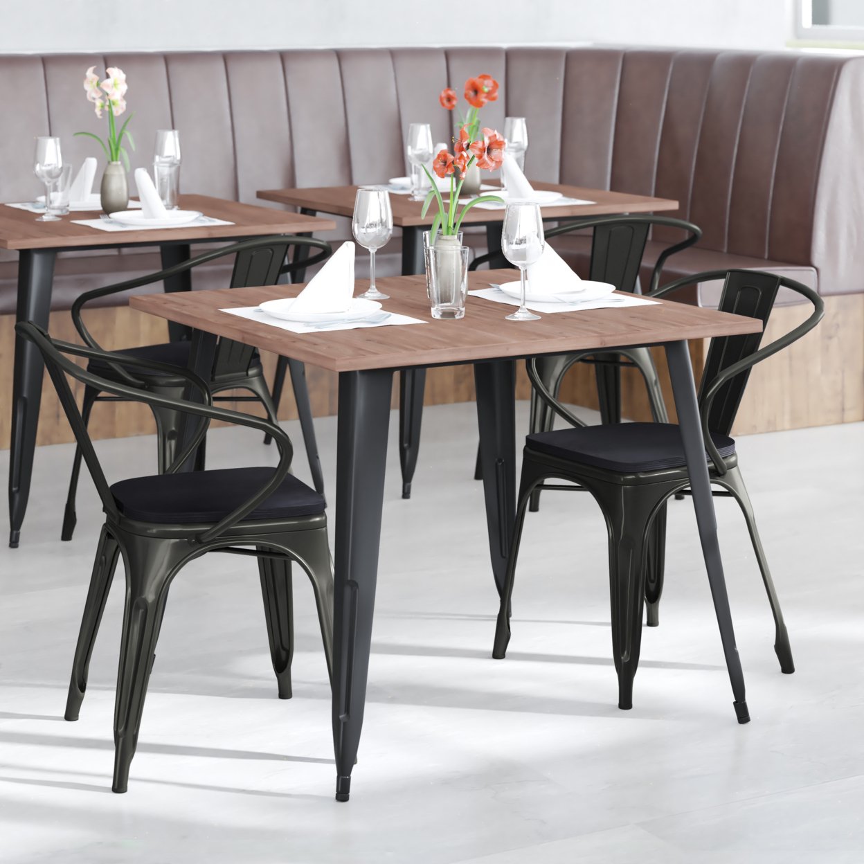 Metal Chair, Open Design Curved Arms, Black Polyresin Wood Seat