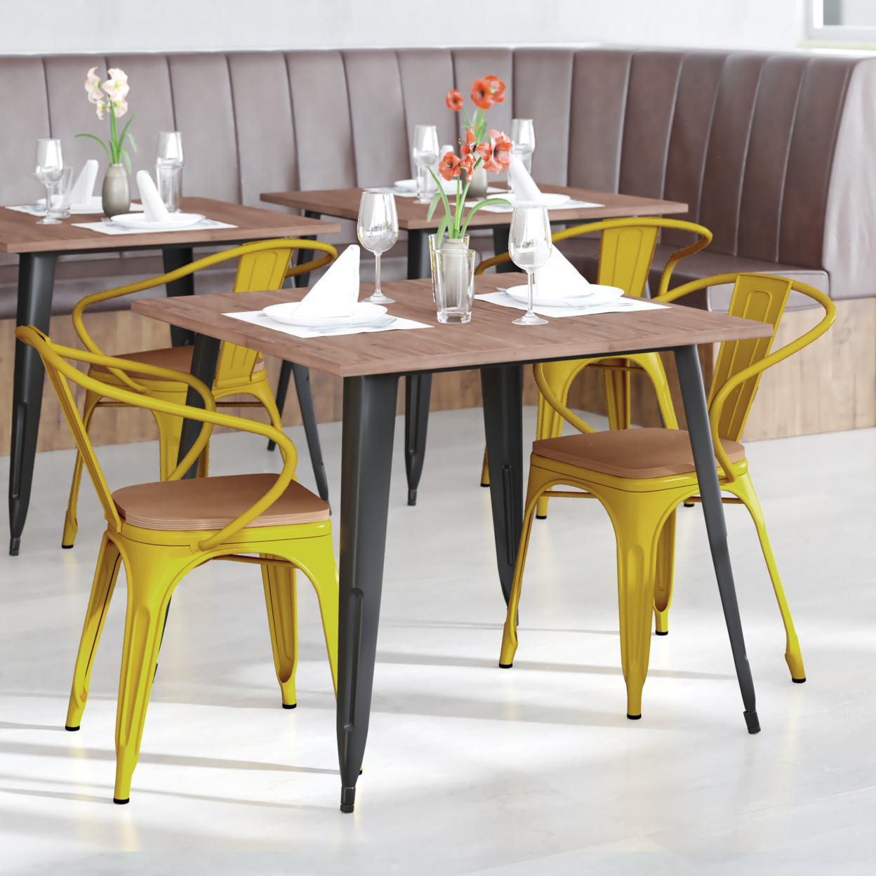 Metal Chair, Open Design Curved Arms, Polyresin Teal Blue Seat, Yellow