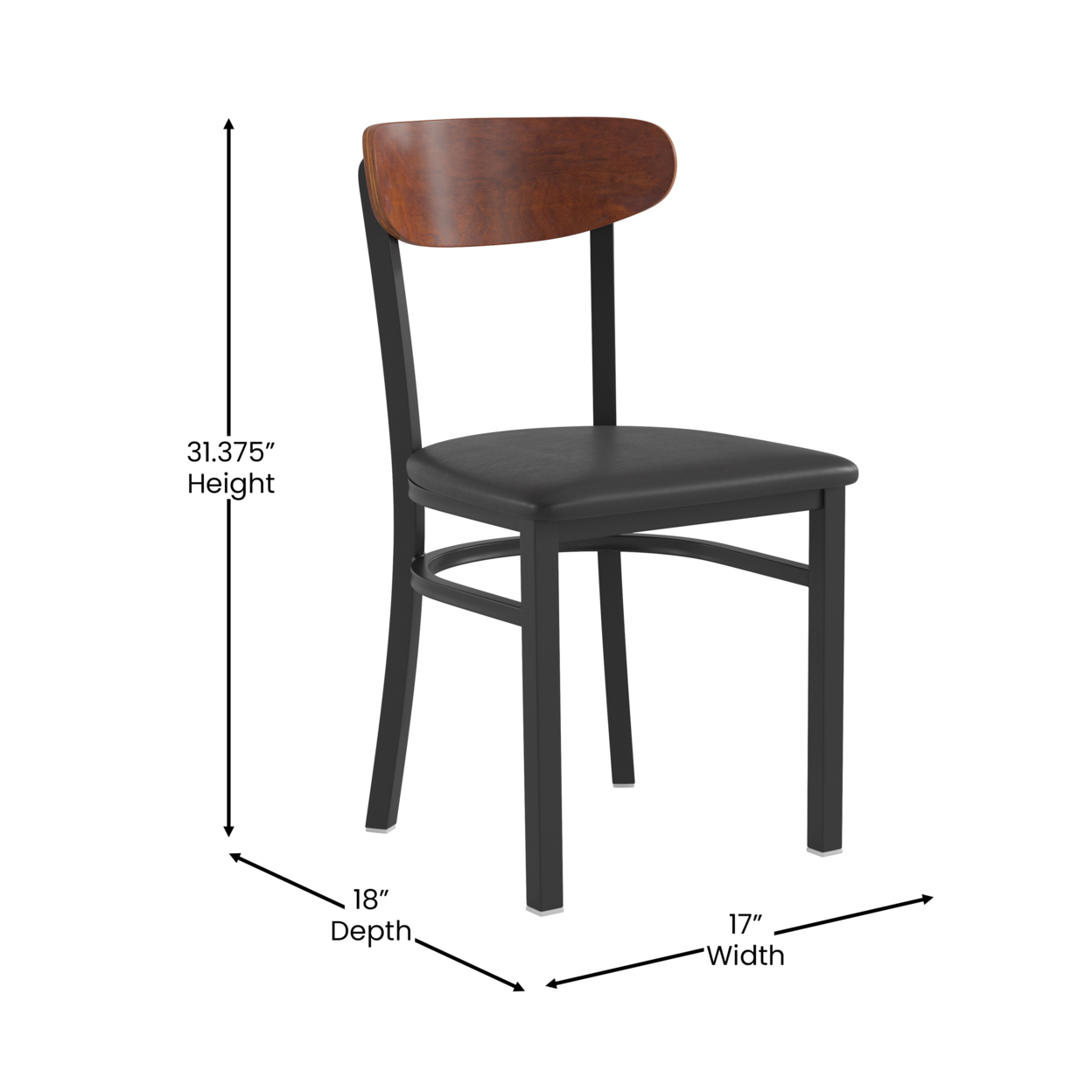 Dining Chair, Walnut Wood Boomerang Back, Black Vinyl Seat And Steel Frame