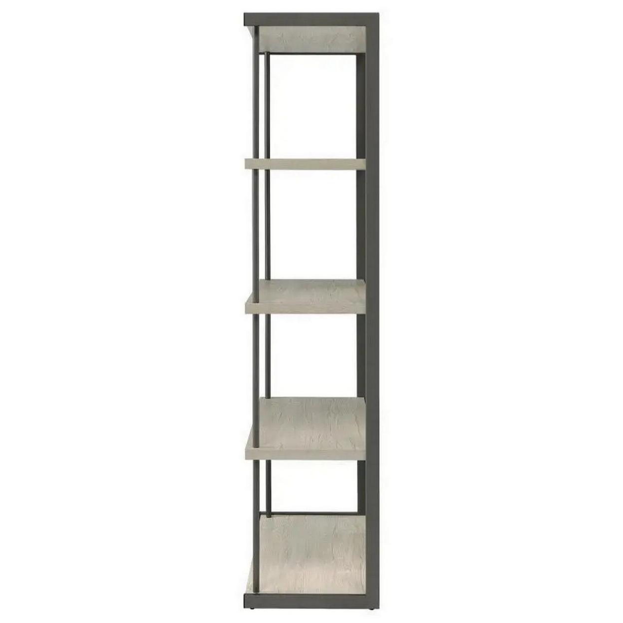 Dela Bookcase, 72 Inch Freestanding Wood Structure, 4 Shelves, 2 Slim Rods, Whitewashed Gray
