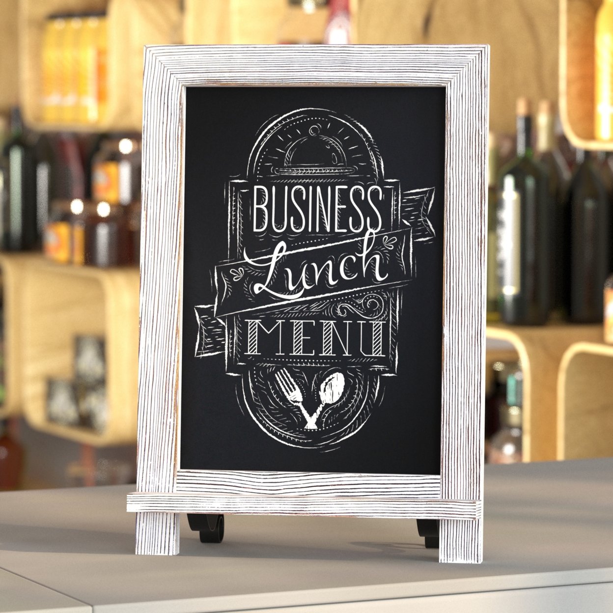 Magnetic Chalkboard, Washed White Wood Frame, Metal Scrolled Legs