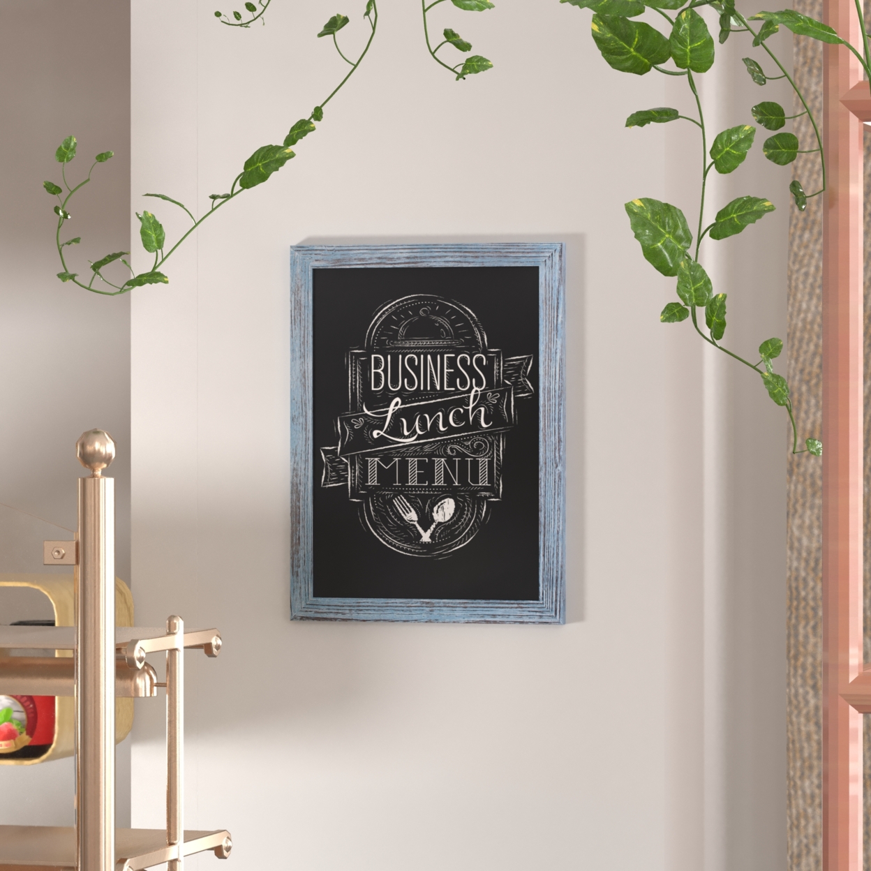 24 Inch Wall Hanging Magnetic Chalkboard, Pine Wood Frame, Rustic Blue