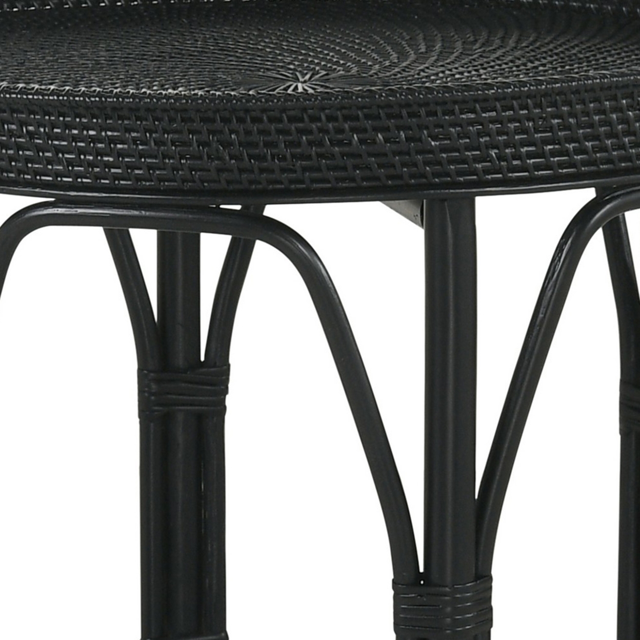 Raya 26 Inch Accent Table, Woven Rattan Tray Edge Tabletop, Black Finish- Saltoro Sherpi