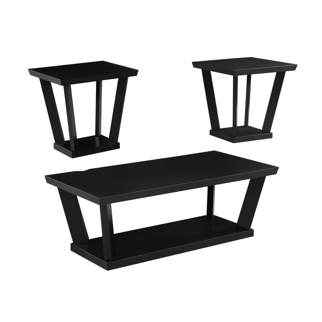 3 Piece Coffee Table Set, Angled Tapered Design, Black Rectangular Top- Saltoro Sherpi