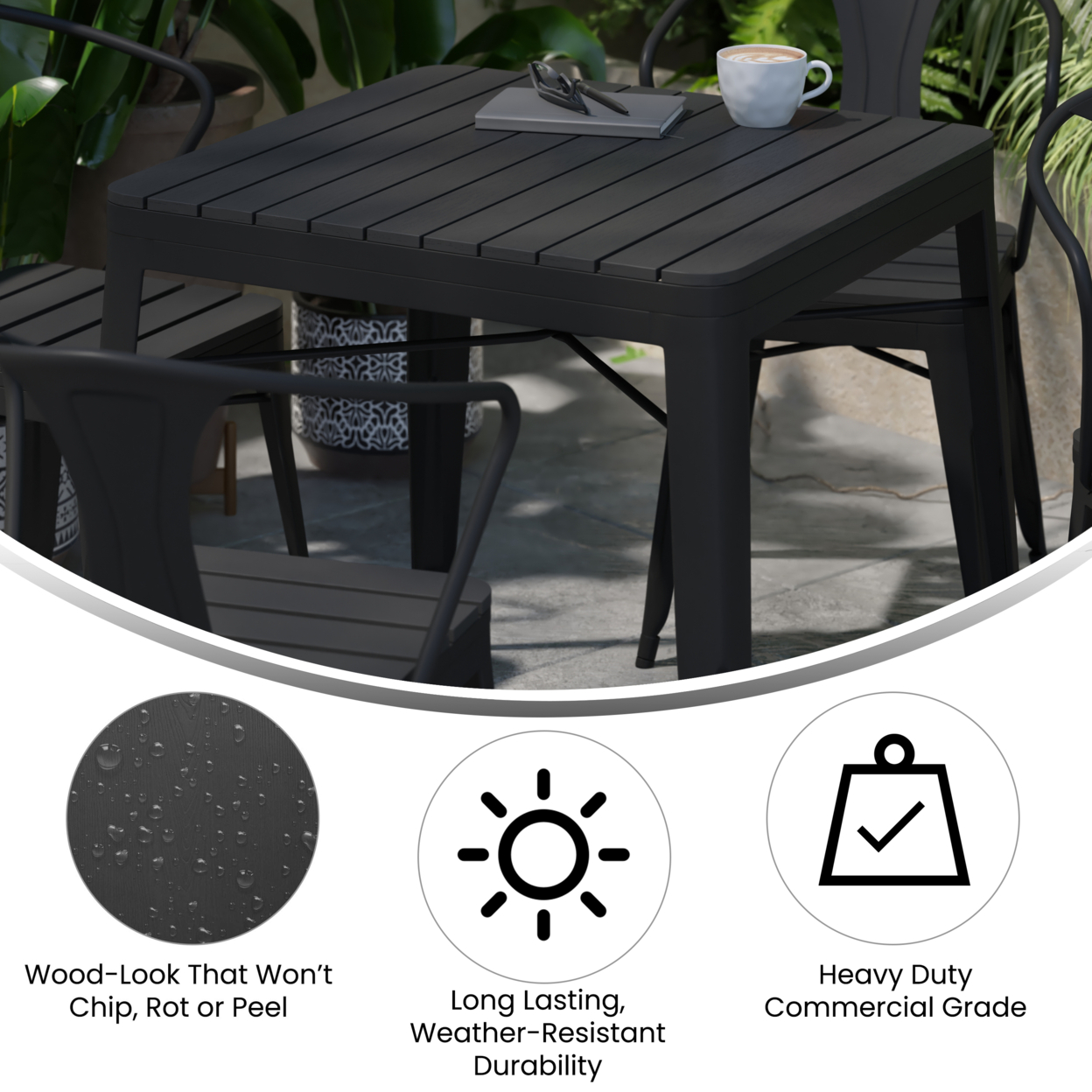 5 Pc Indoor Outdoor Dining Table Set, Integrated Arms, Black Poly Resin Top
