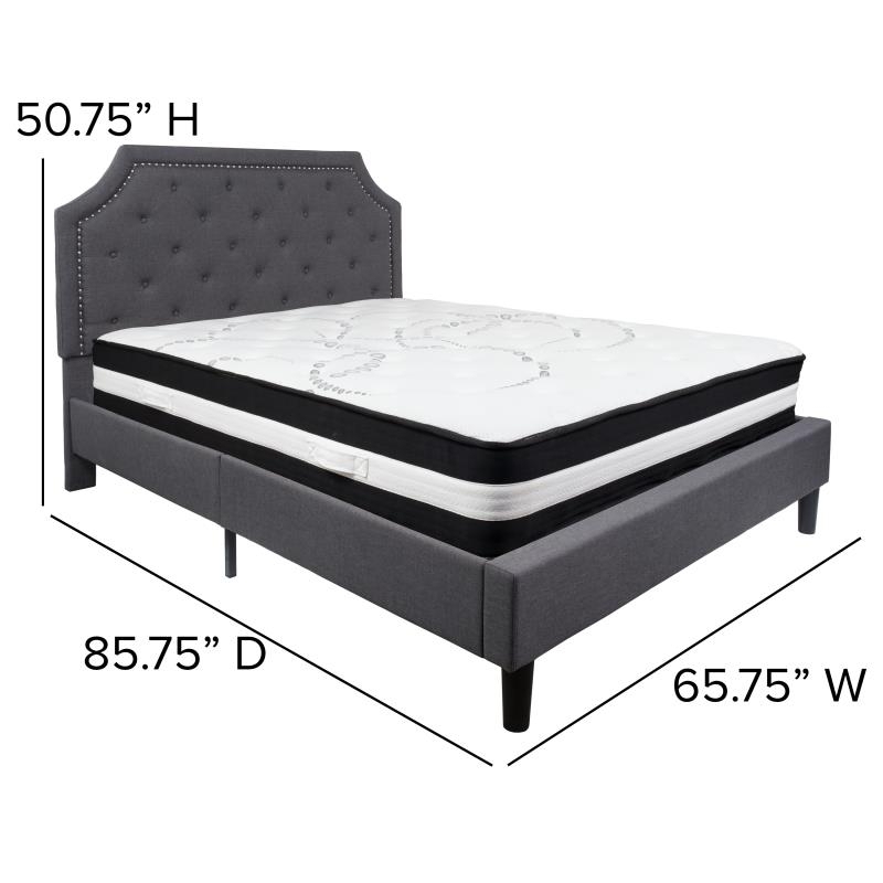 Brighton Queen Size Tufted Upholstered Platform Bed In Dark Gray Fabric With Pocket Spring Mattress