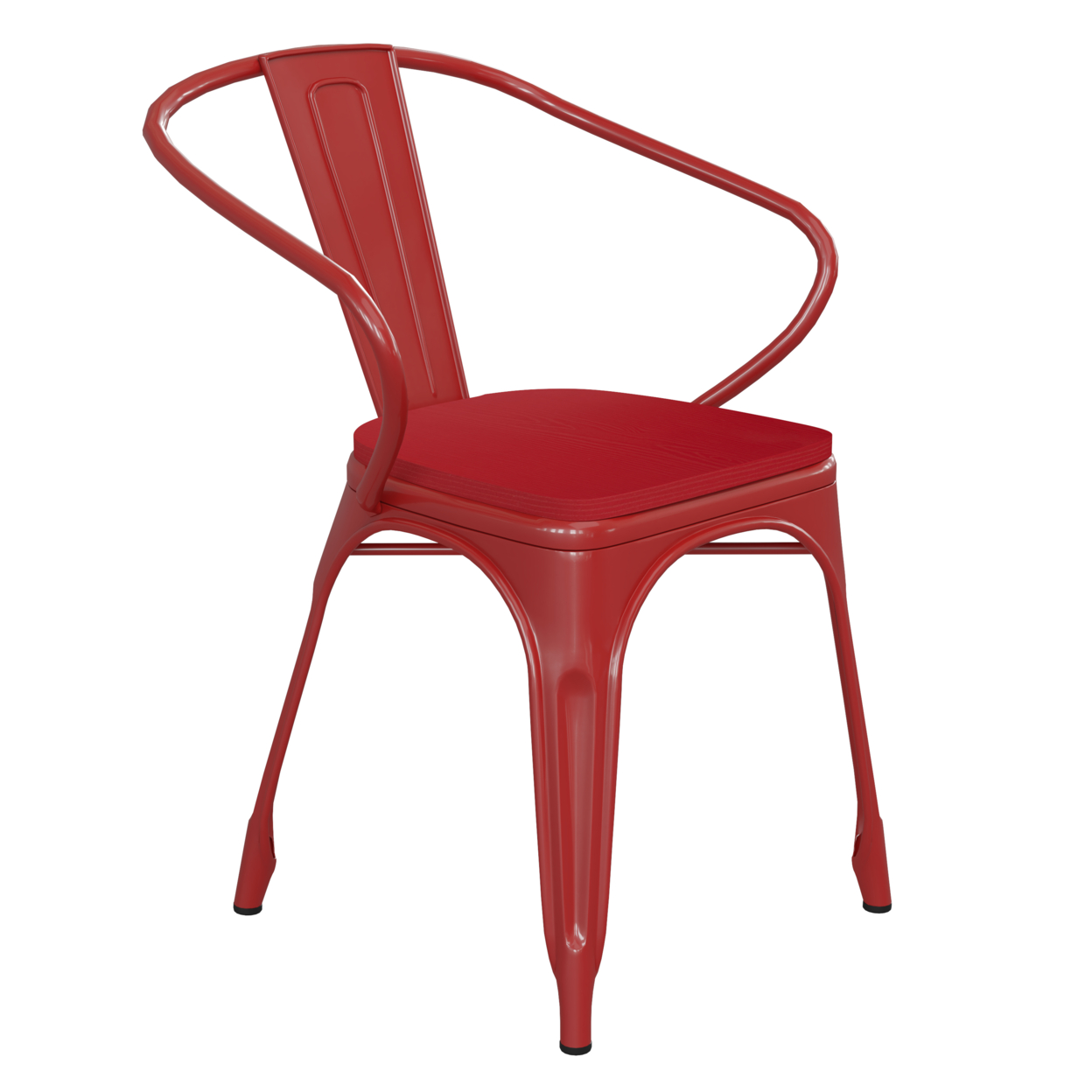 Metal Chair, Open Design Curved Arms, Polyresin Wood Seat, Maroon