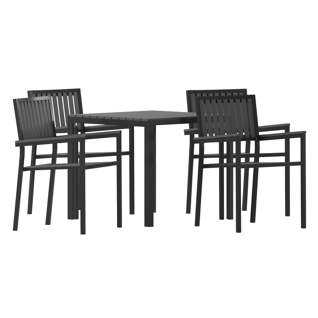 5 Pc Indoor Outdoor Dining Table Set, Poly Resin Slats, Black Metal Frames