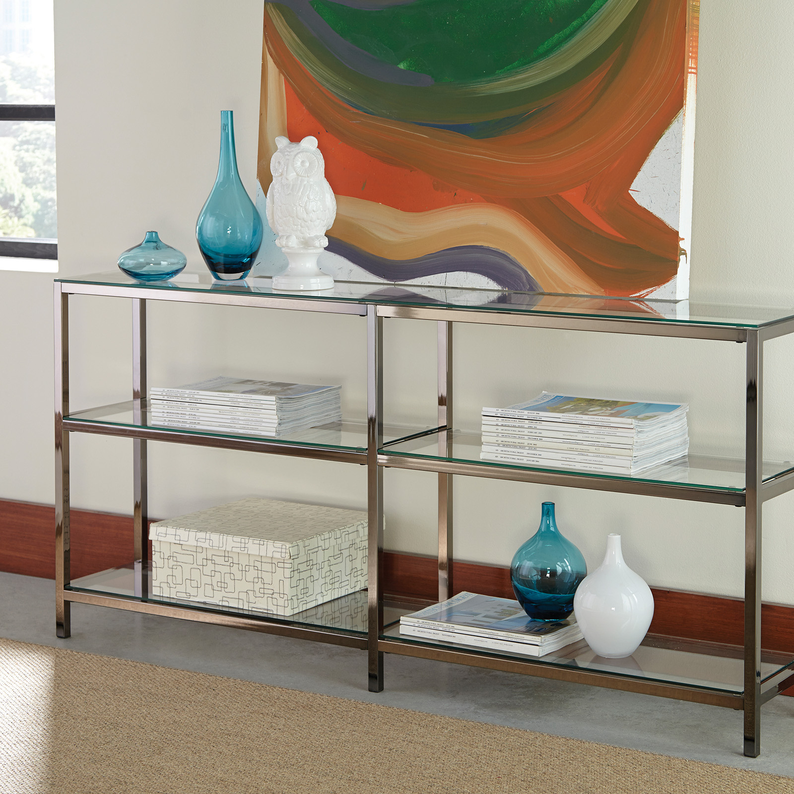 Industrial Metal Bookcase With Glass Shelves, Silver- Saltoro Sherpi