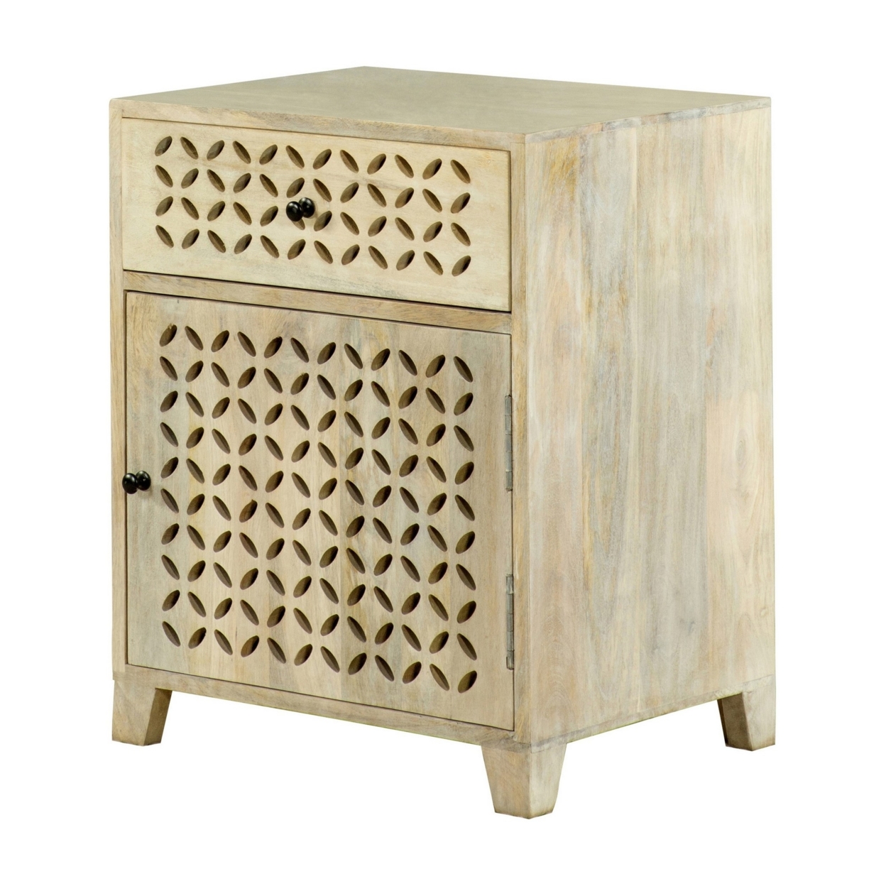 22 Inch 1 Drawer Accent Cabinet, Lattice Cut Outs On Front, Whitewash Wood- Saltoro Sherpi