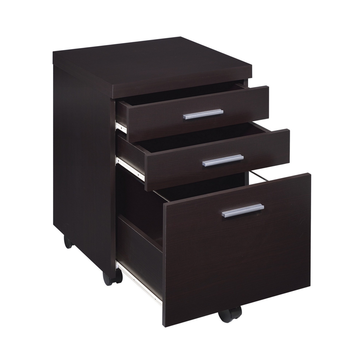 26 Inch 3 Drawer Mobile File Cabinet, Smooth Caster Wheels, Dark Cappuccino- Saltoro Sherpi