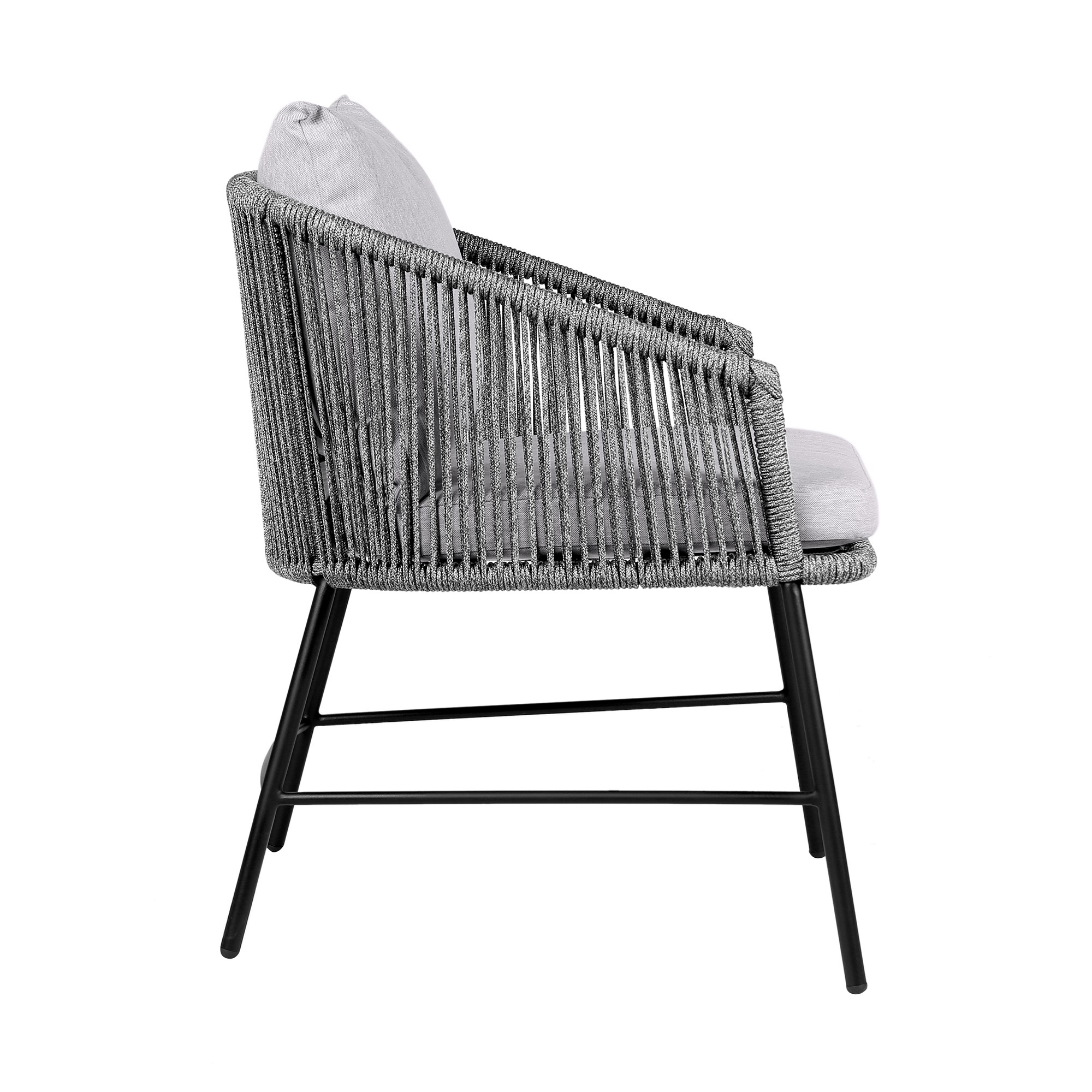 25 Inch Patio Dining Chair, Matte Black Steel Frame, Gray Rope Woven Seat- Saltoro Sherpi