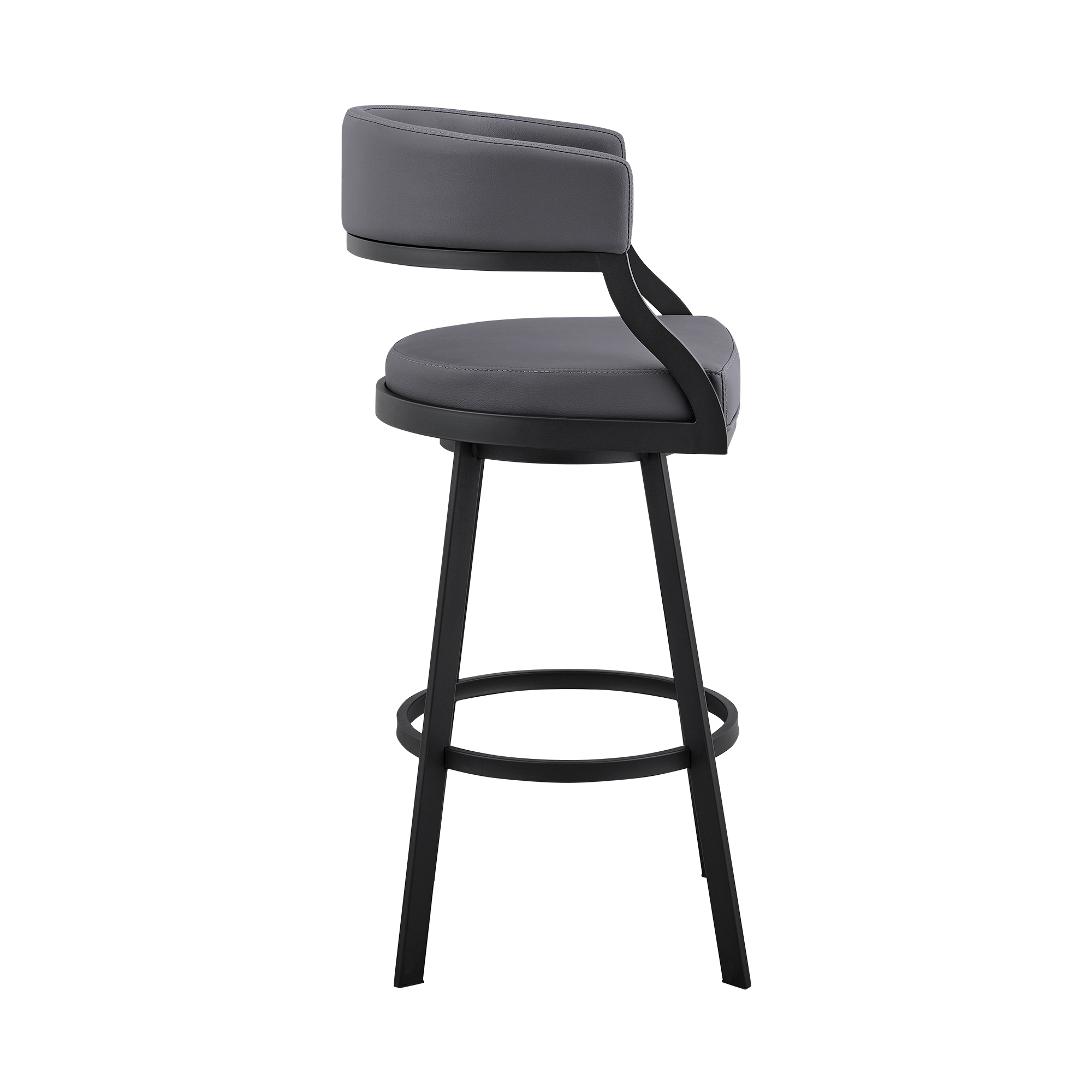 Ava 26 Inch Swivel Counter Stool Chair, Round Gray Faux Leather Cushions- Saltoro Sherpi