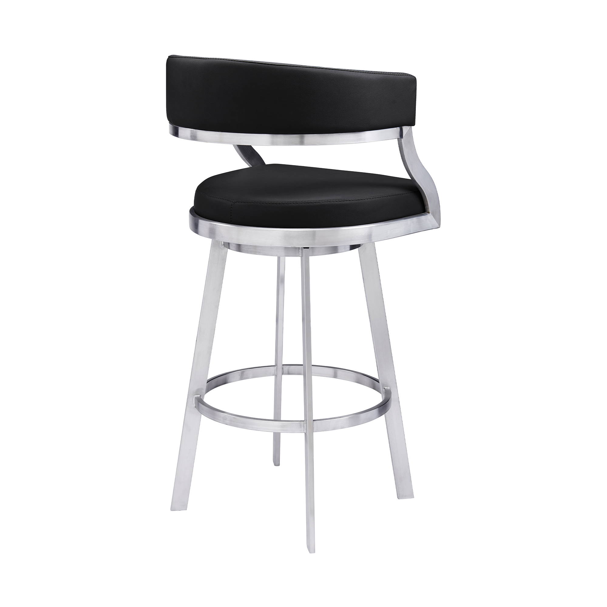 Ava 30 Inch Swivel Bar Stool Chair, Open Back, Steel, Black Faux Leather- Saltoro Sherpi