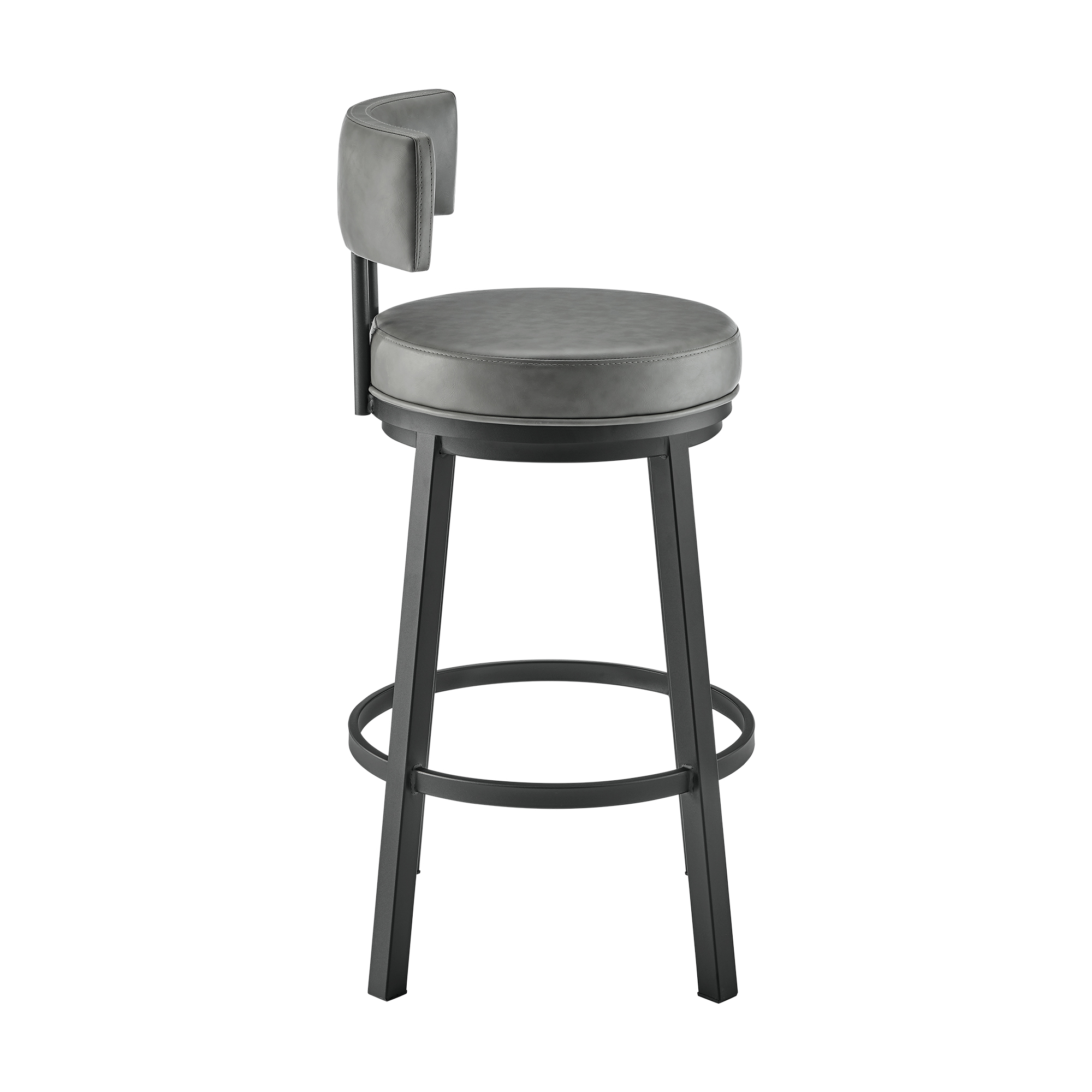 Eleanor 26 Inch Swivel Counter Stool Chair, Round Gray Faux Leather Seat- Saltoro Sherpi