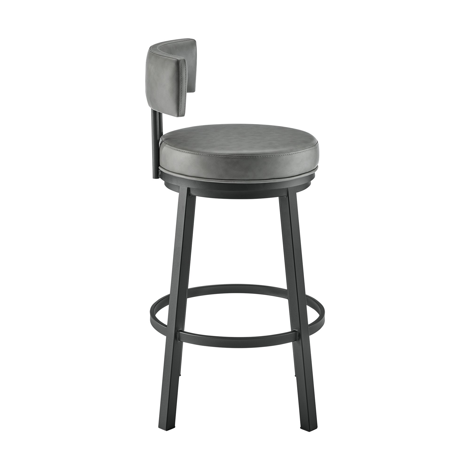 Eleanor 30 Inch Swivel Bar Stool Chair, Black, Round Gray Faux Leather Seat- Saltoro Sherpi