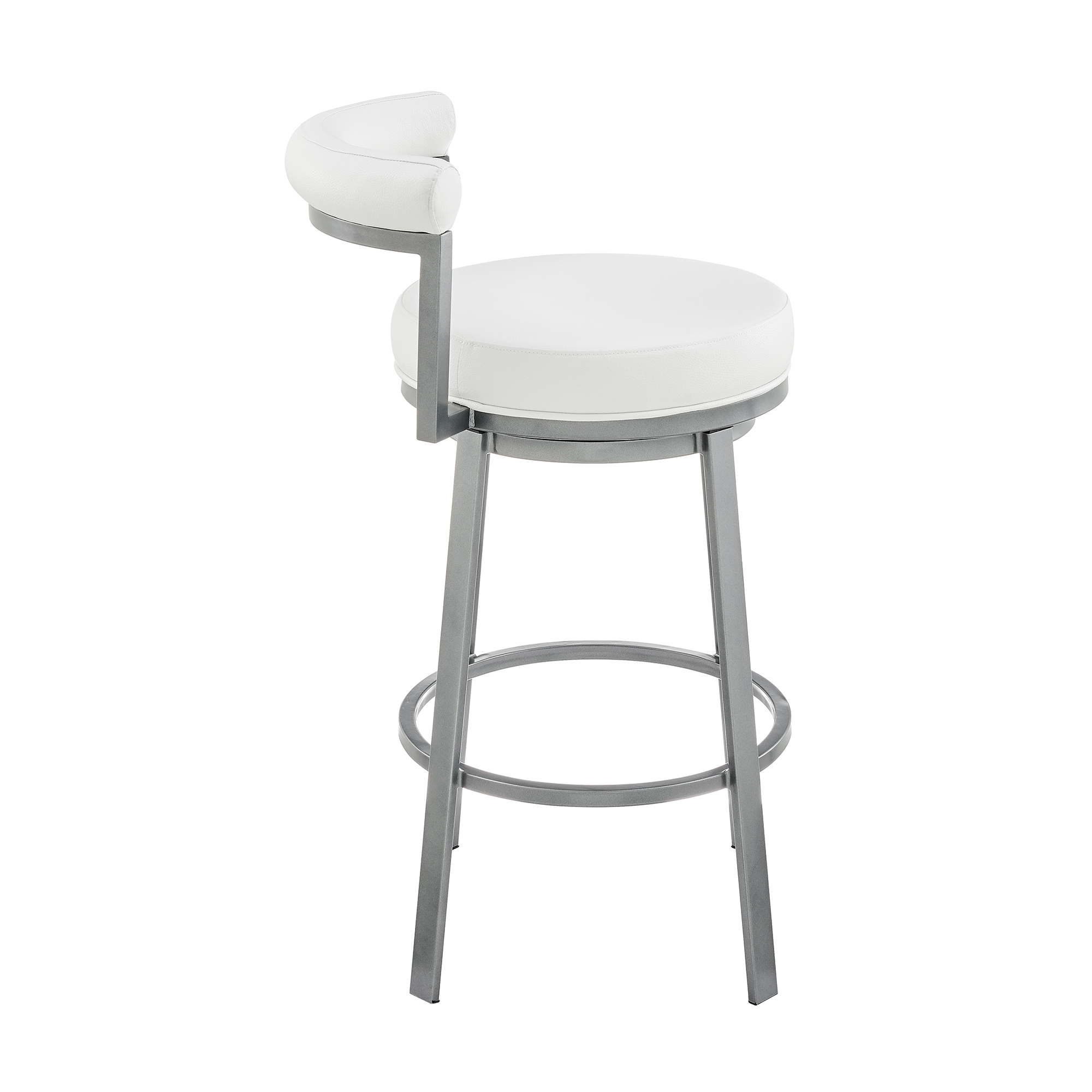 Elysha 26 Inch Swivel Counter Stool Chair, Round White Faux Leather Cushion- Saltoro Sherpi