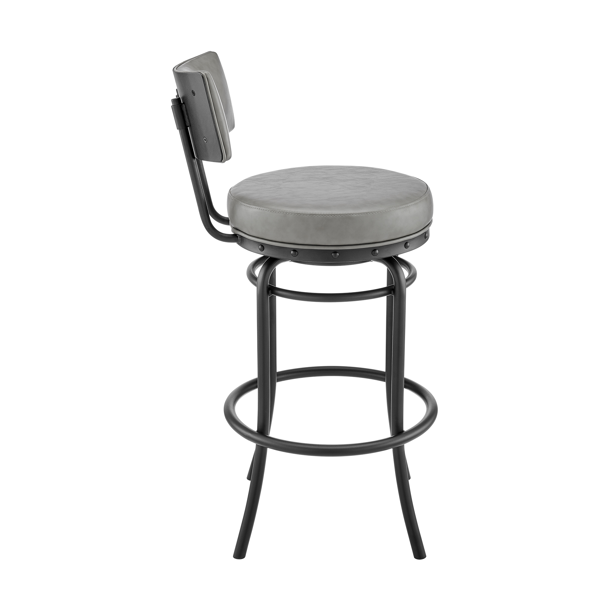 Felicity 26 Inch Swivel Counter Stool Chair, Round Gray Faux Leather Seat- Saltoro Sherpi