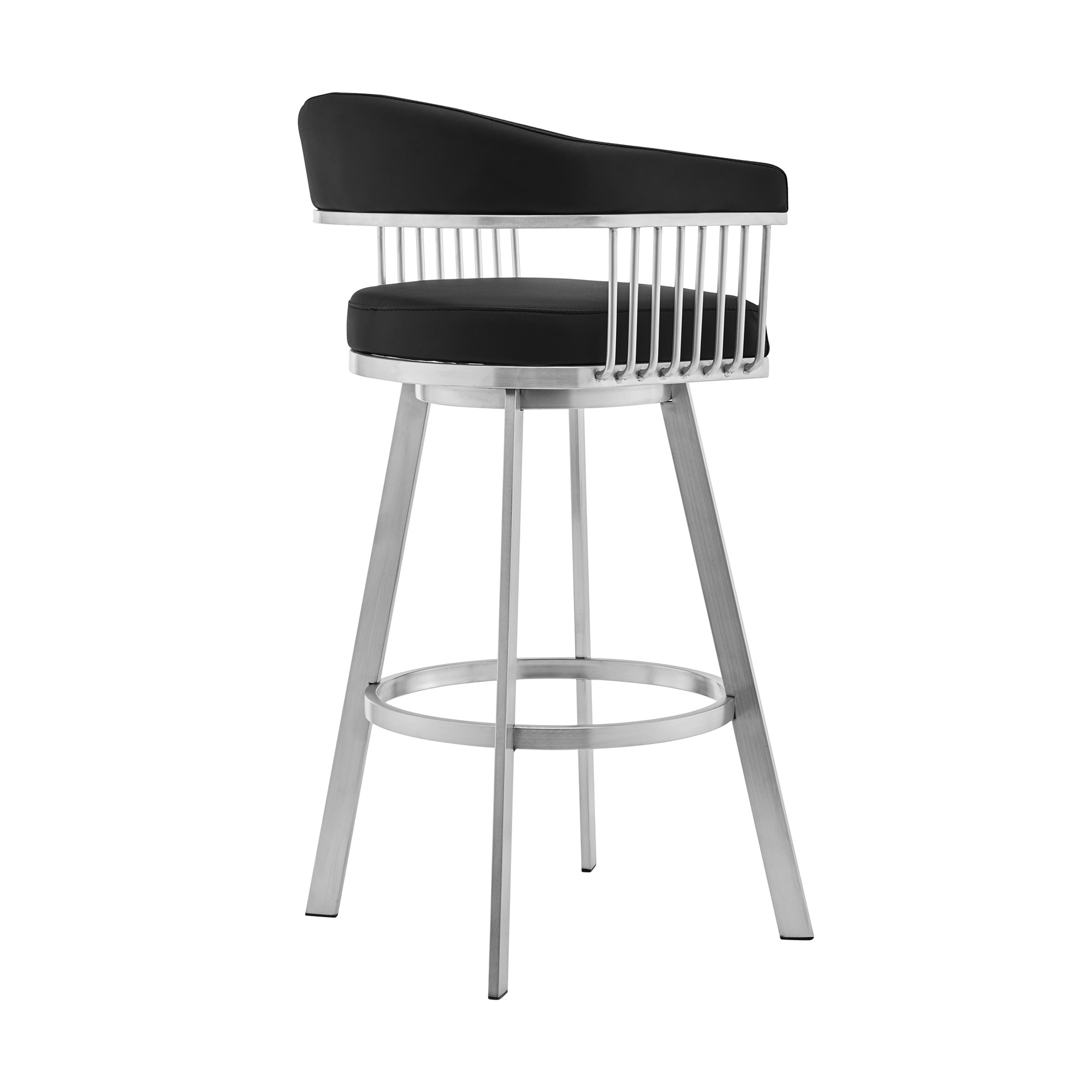 Lif 29 Inch Swivel Barstool Chair, Slatted Arms, Steel, Black Faux Leather- Saltoro Sherpi