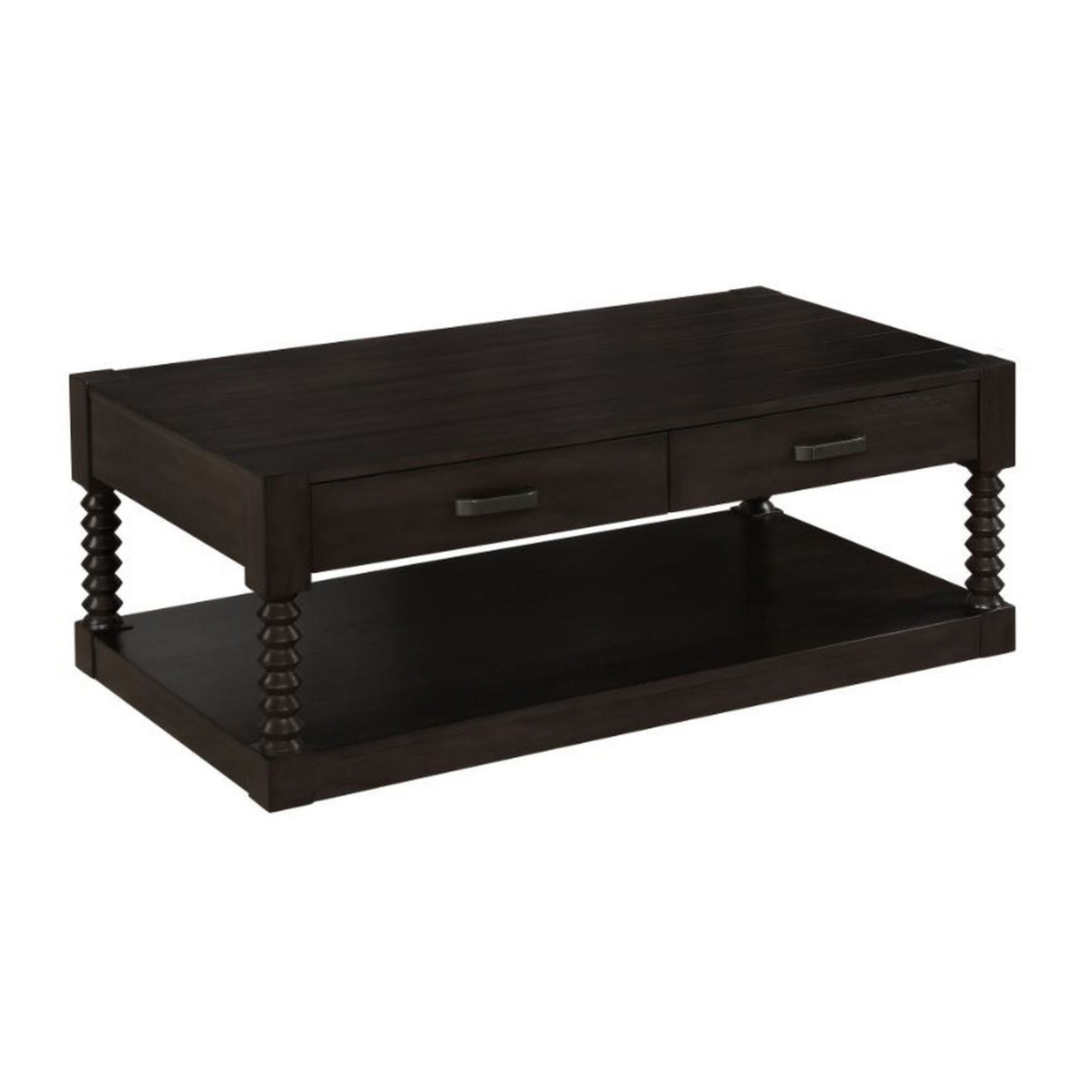 Mika 48 Inch Classic 2 Drawer Coffee Table With Shelf, Spindle Posts, Brown