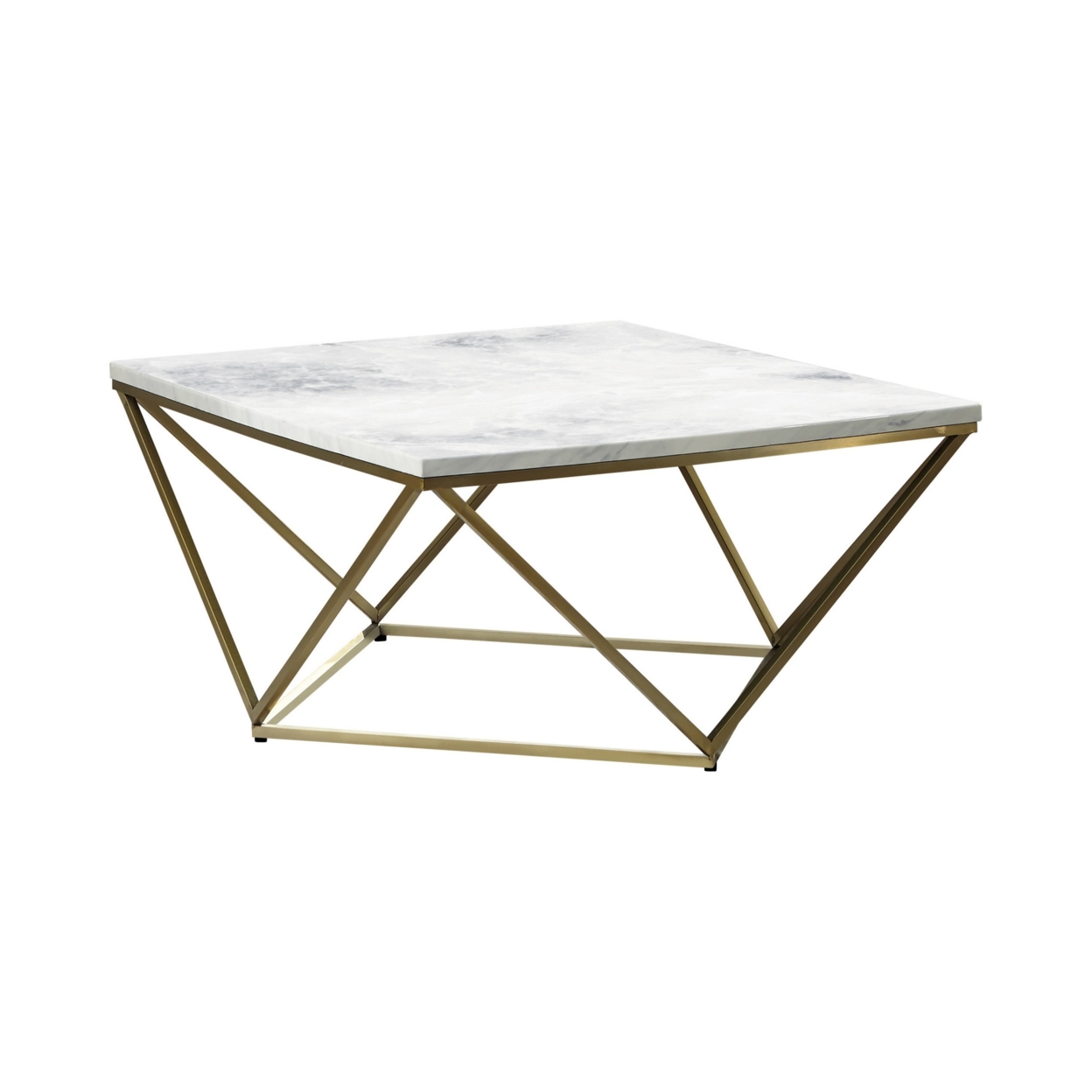 36 Inch Modern Square Coffee Table, White Faux Marble Top, Slender Gold Base- Saltoro Sherpi
