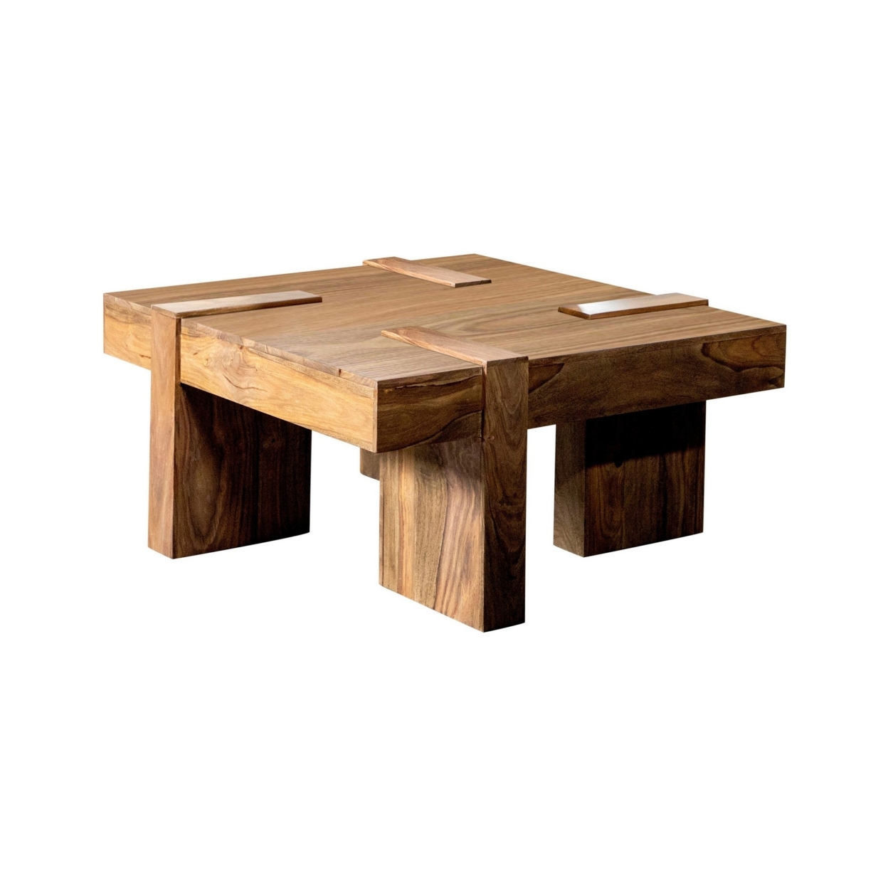 37 Inch Modern Square Coffee Table, Block Style Panel Wood Base, Brown- Saltoro Sherpi