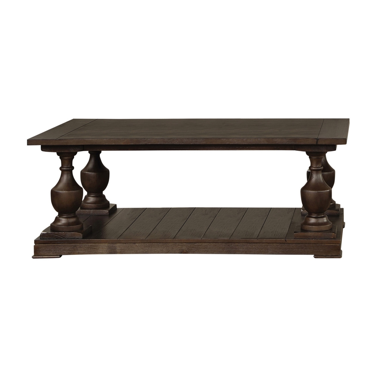50 Inch Rectangular Coffee Table, Open Shelf, Baluster Pedestal Legs, Brown