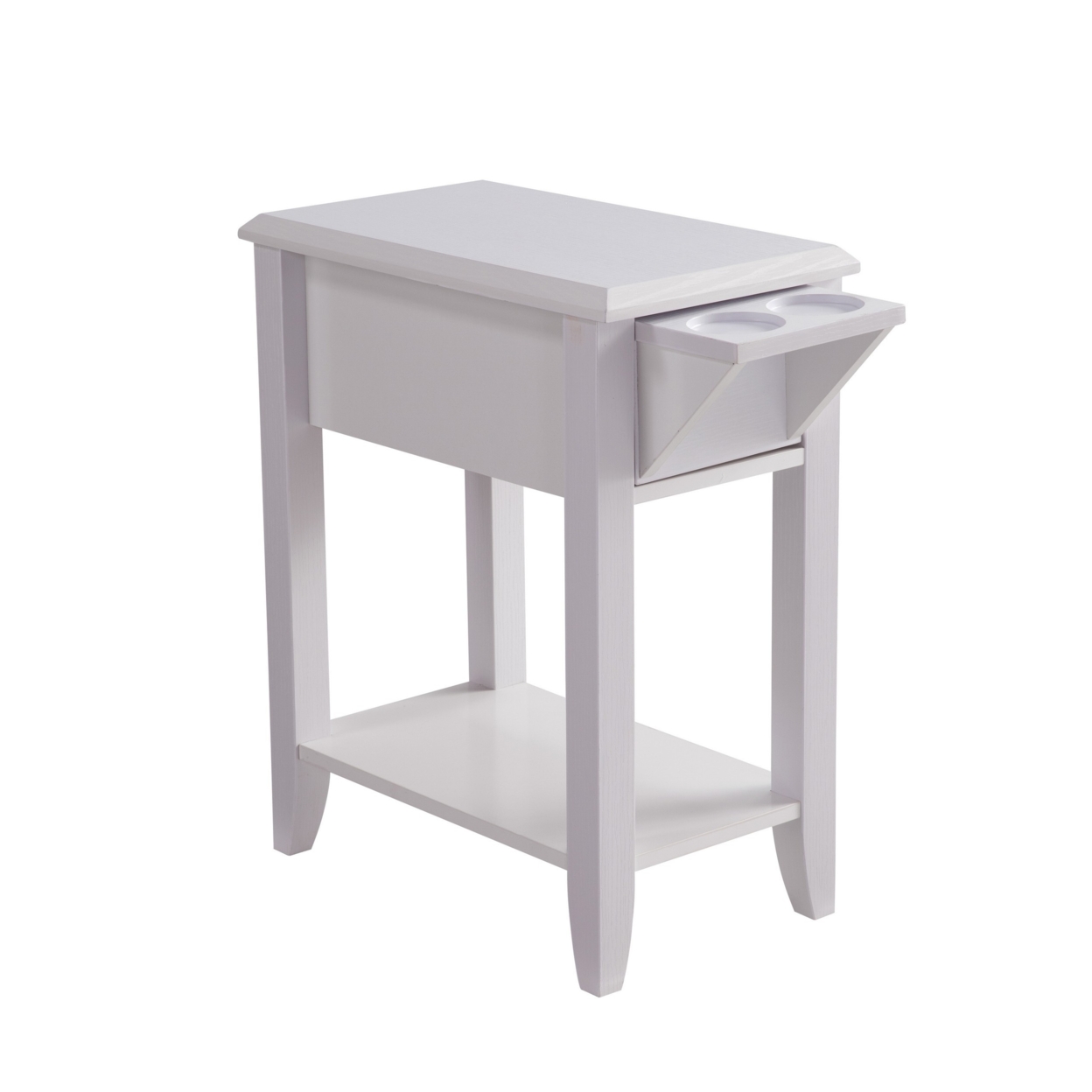 24 Inch Modern Chairside Table With Extendable Drawer And Cupholders, White- Saltoro Sherpi