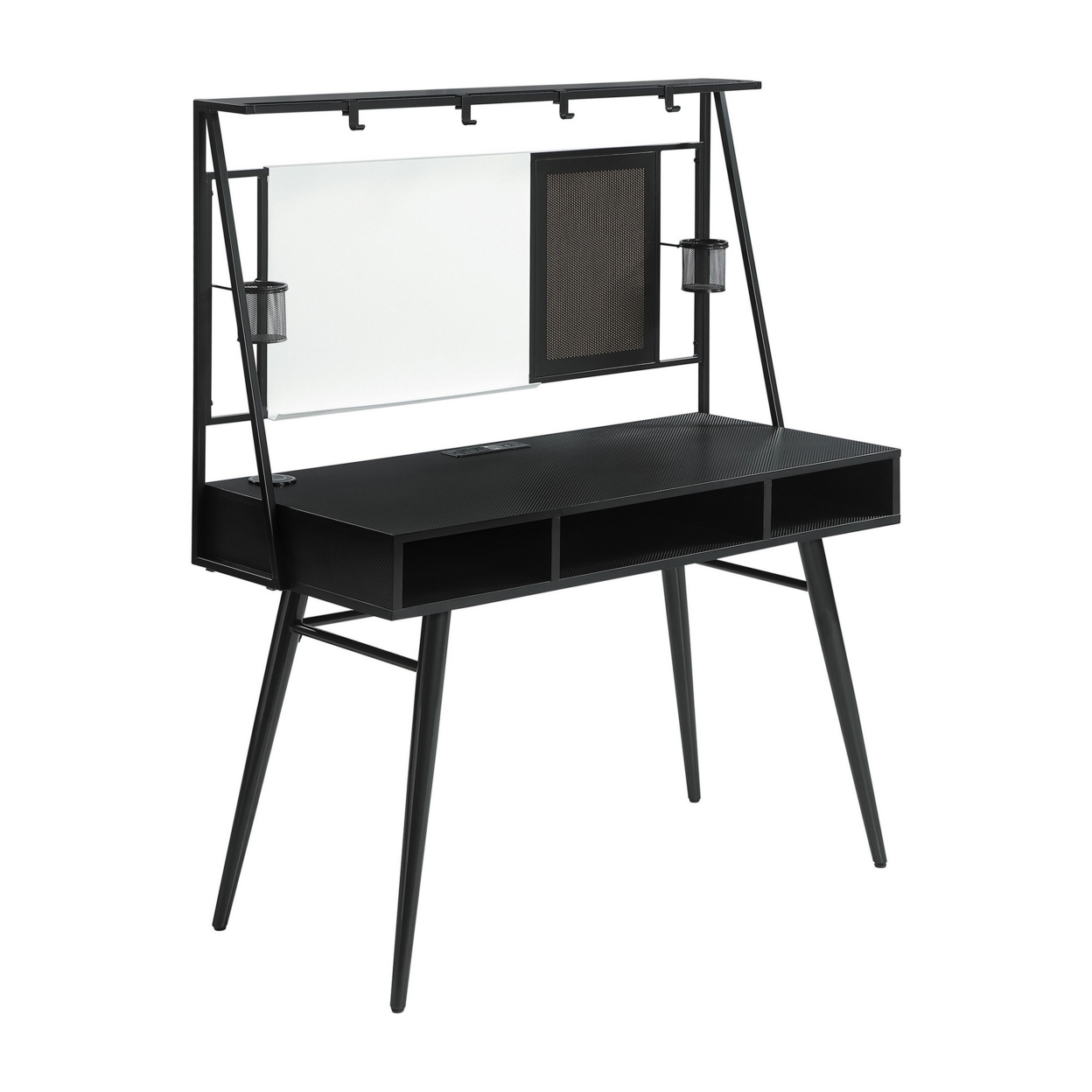 58 Inch Writing Desk With Whiteboard, Cup Holders, USB, Charger, Black- Saltoro Sherpi