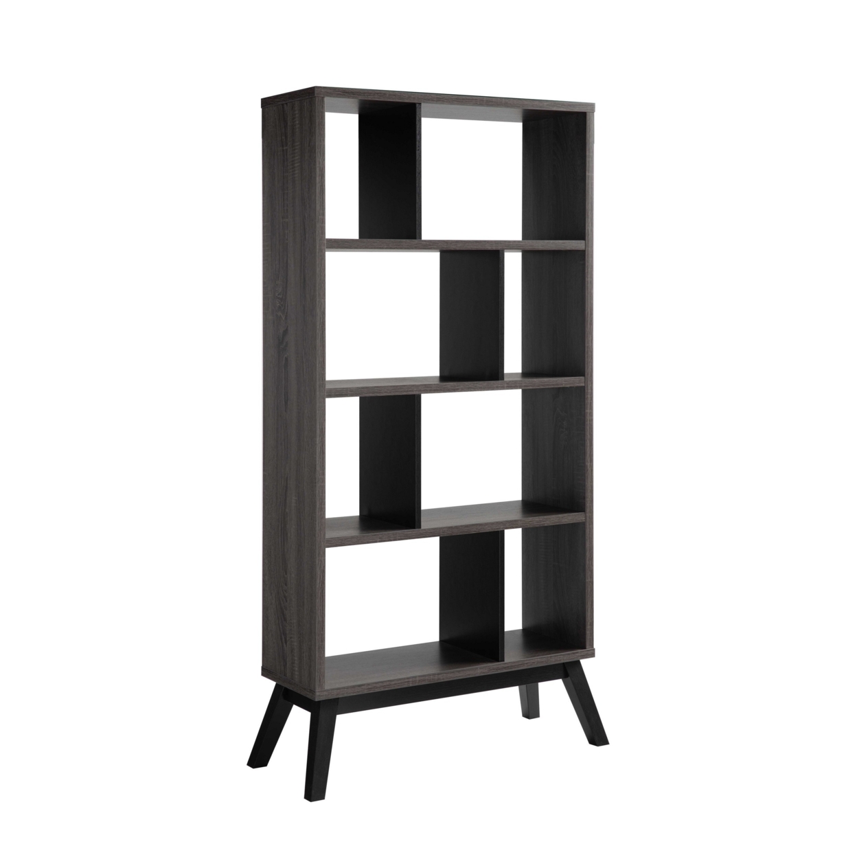 65 Inch Modern Bookcase, Four Shelves With Dividers, Flared Legs, Gray- Saltoro Sherpi