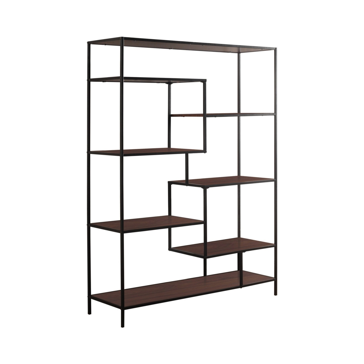 65 Inch Bookcase Etagere, 7 Walnut Brown Wood Shelves, Black Metal Frame- Saltoro Sherpi