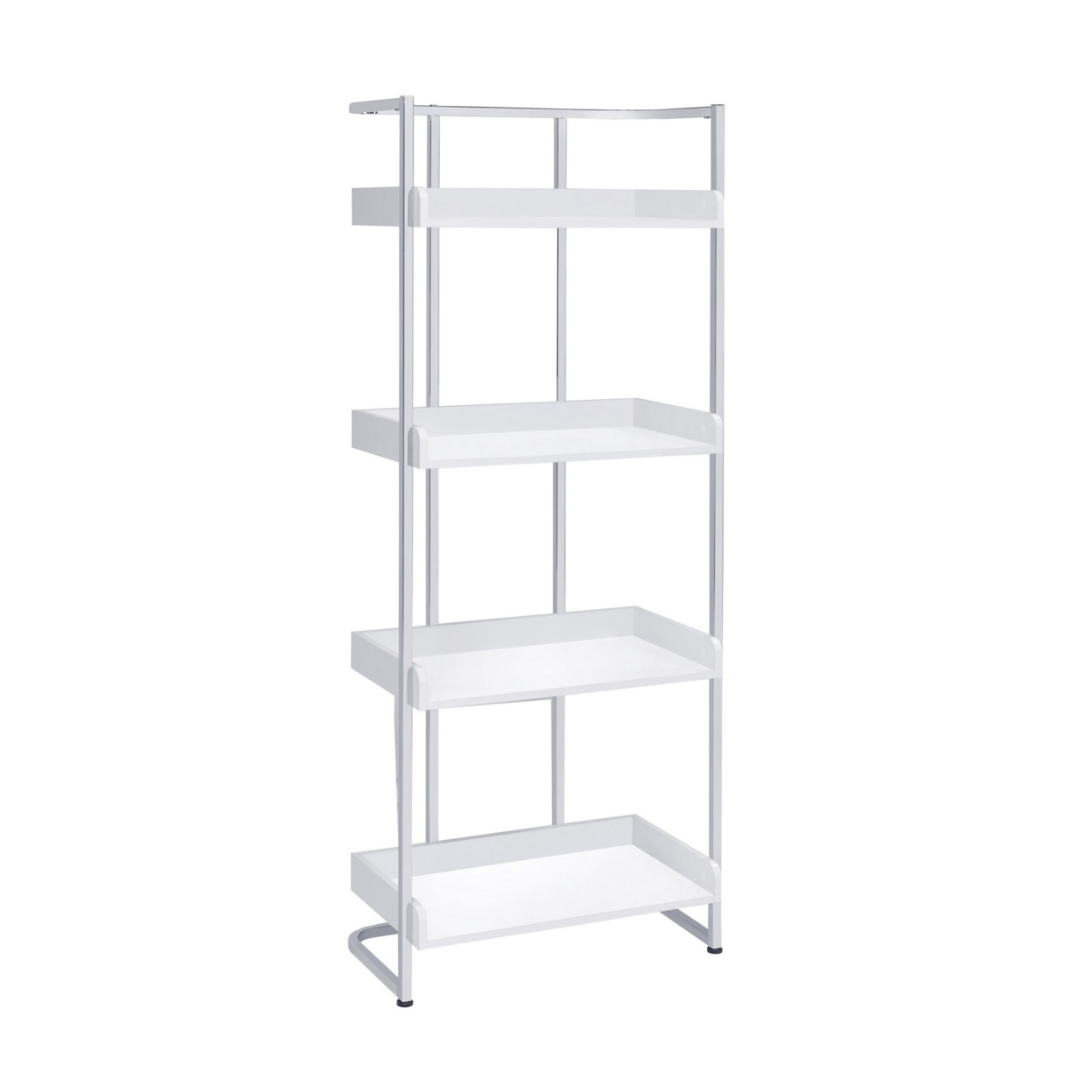 68 Inch Modern Bookcase, 4 Glossy White Tray Shelves, Chrome Steel Frame- Saltoro Sherpi