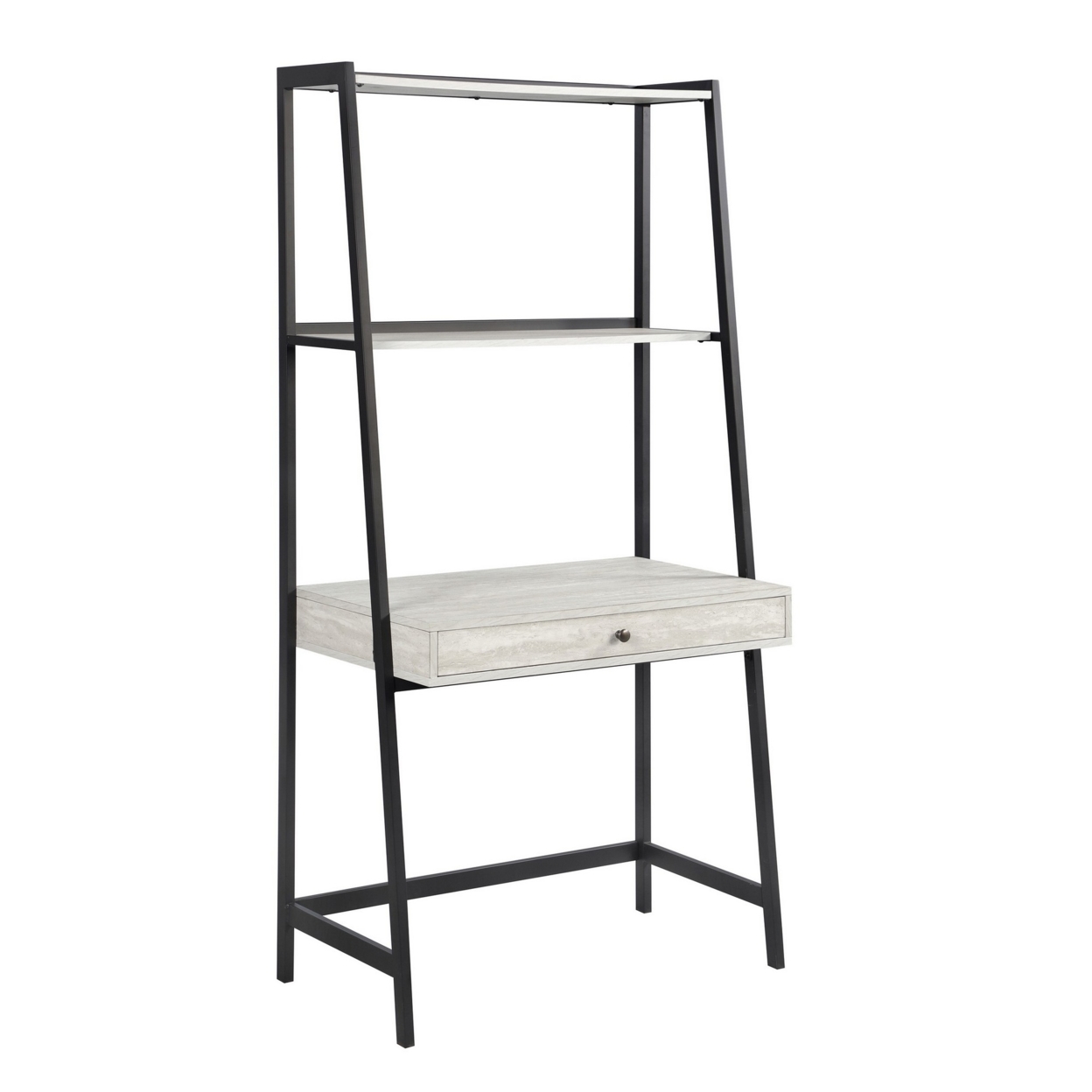 69 Inch Modern 1 Drawer Ladder Desk, Gray Stone Herringbone Finish, Black- Saltoro Sherpi