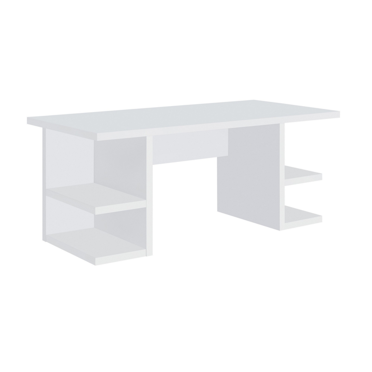 71 Inch Modern Rectangular Writing Desk, 4 Open Shelves, Crisp White Finish- Saltoro Sherpi