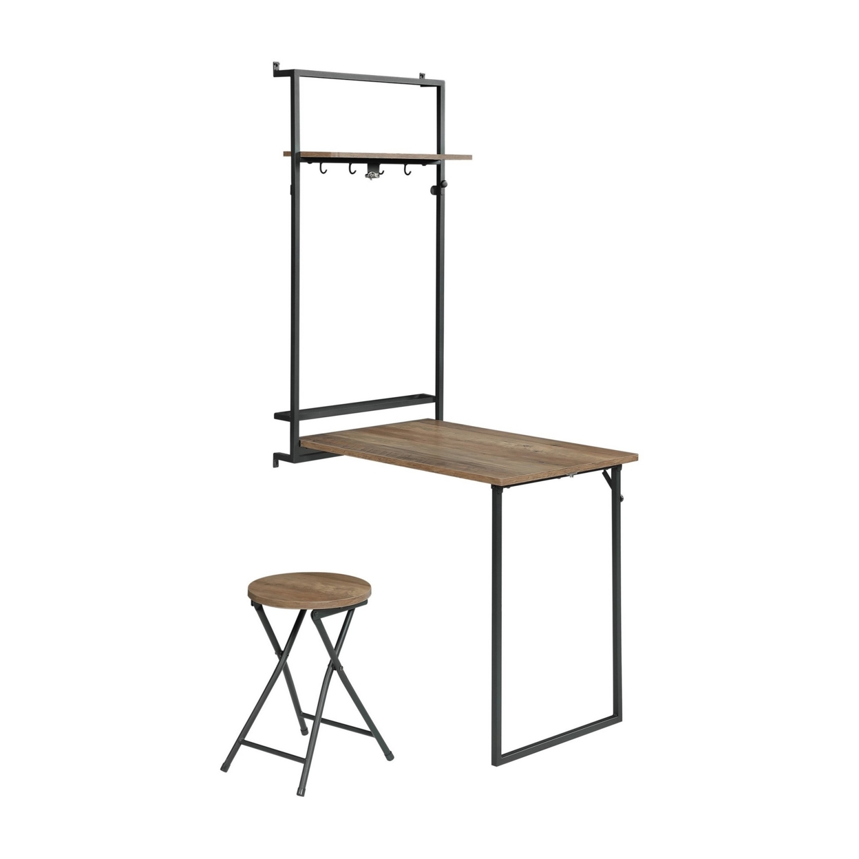 72 Inch Foldable Wall Desk With Stool, Rustic Oak Shelf, Black Metal Frame- Saltoro Sherpi