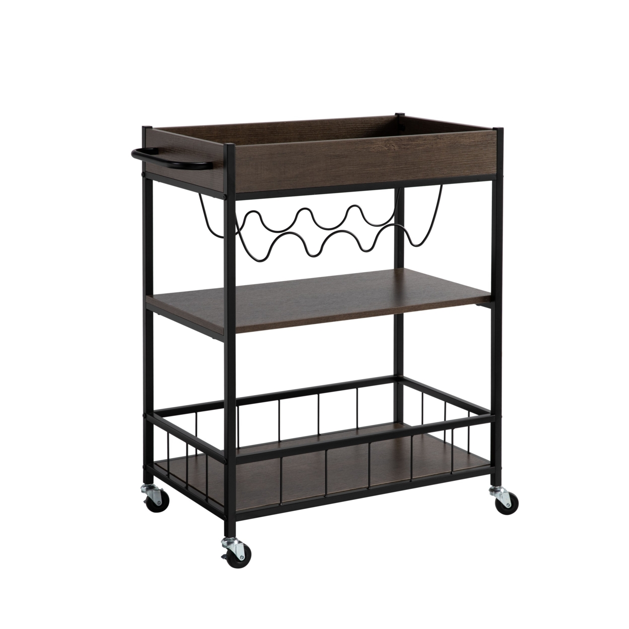 Kelcy 34 Inch Modern Kitchen Bar Cart, 3 Shelves, Wine Rack, Wheels, Brown- Saltoro Sherpi
